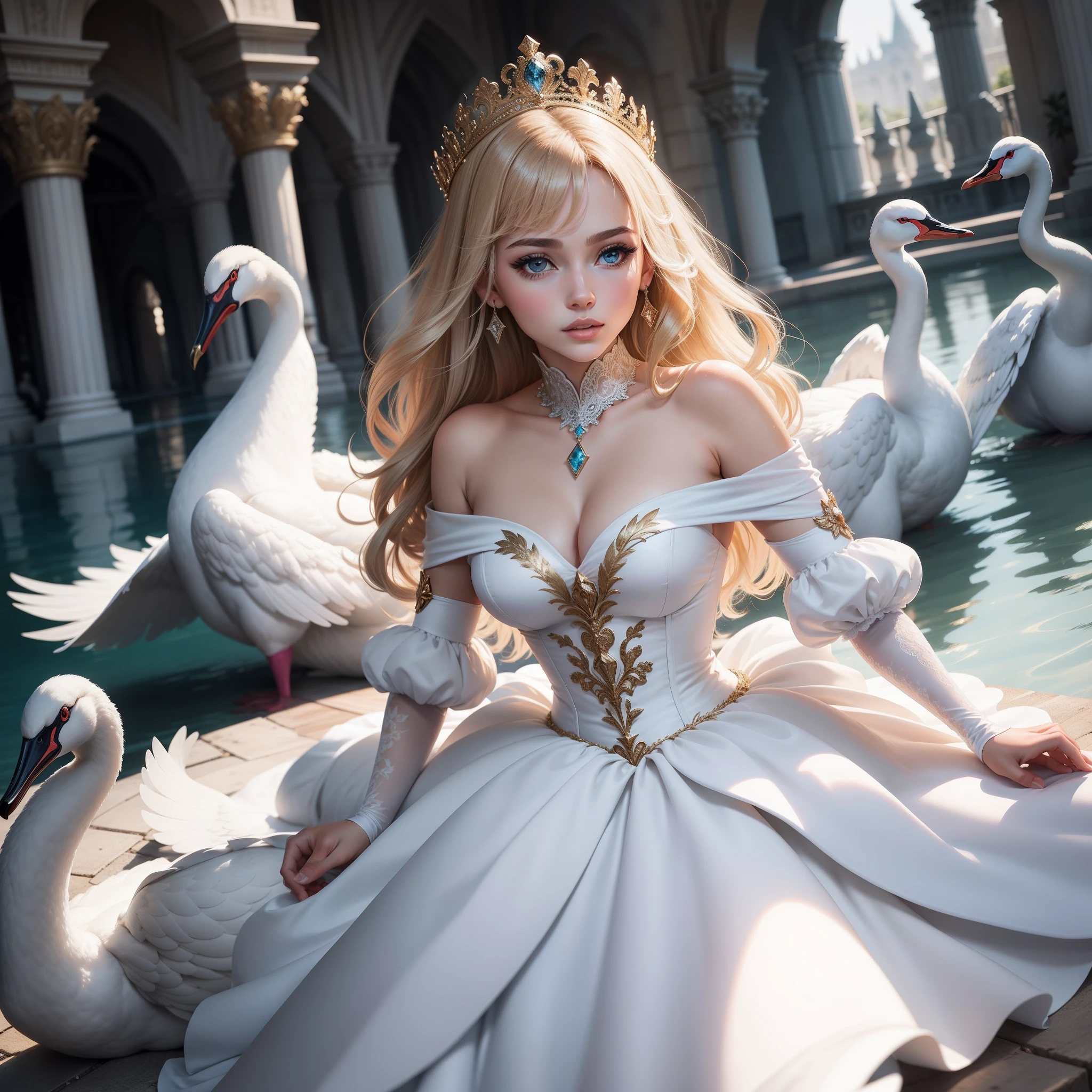 12 cisnes selvagens e 1 princesa, princesa com vestido lindo, alta qualidade, super detalhada, pintura realista.