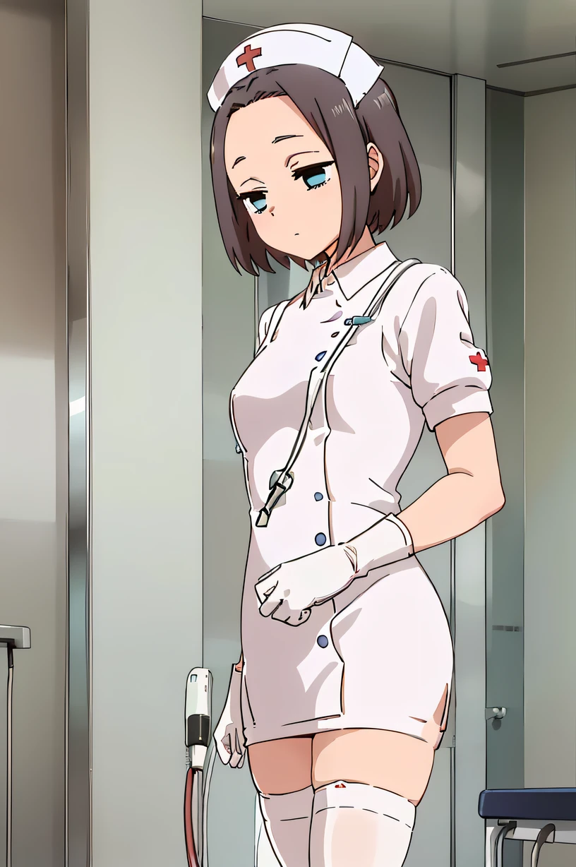 Mona, blue eyes, brown hair, short hair, expressionless, empty eyes, solo, Nurse, ((White nurse cap, White nurse uniform)), ((White legwear, zettai ryouiki)), White Gloves, Standing, ((Hospital room)), sharp outline, Short sleeves, Best Quality, masutepiece