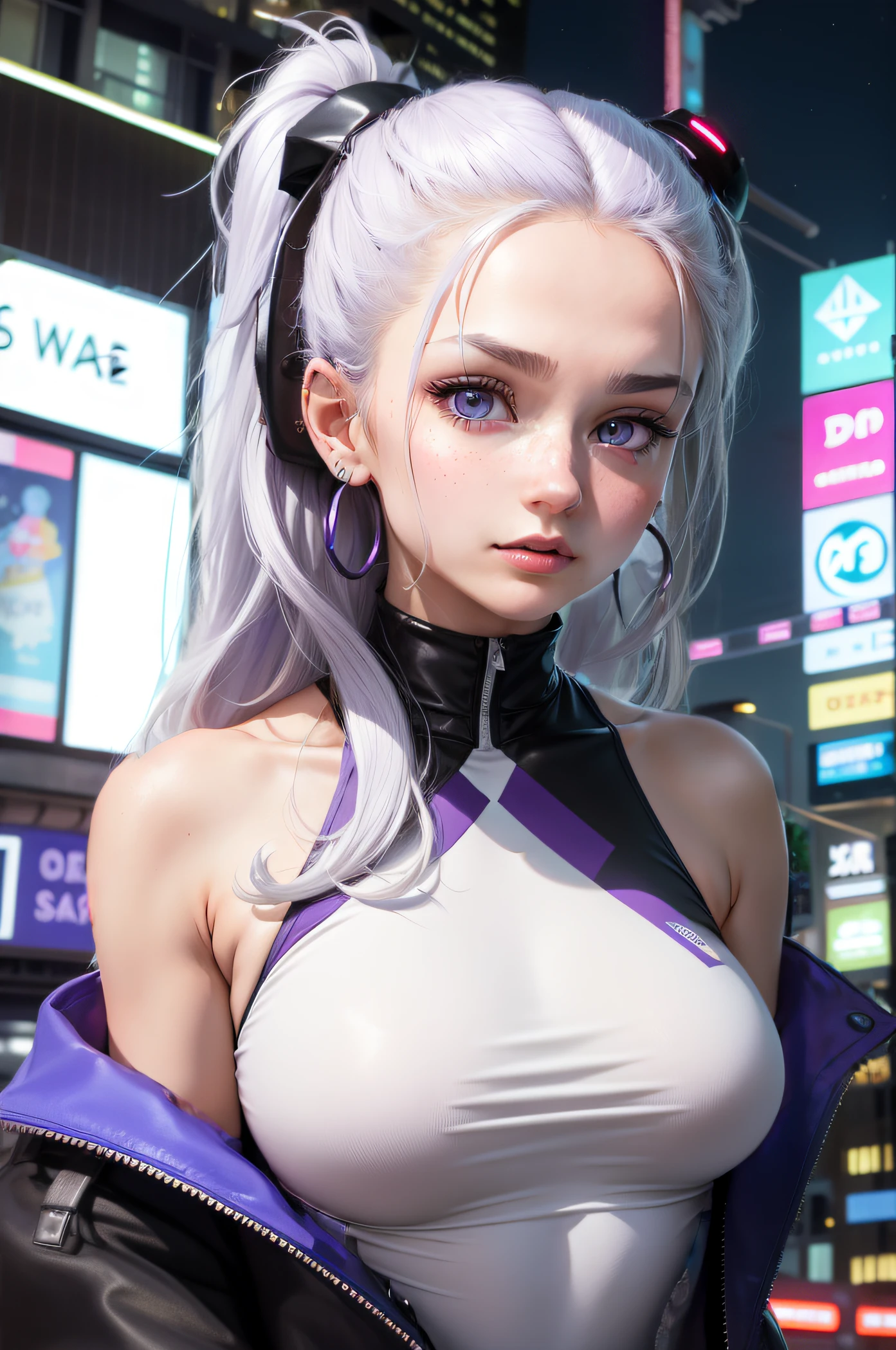 One Woman、Purple clothes、White Hair、((blue eyes))、Captivating eyes、Night view