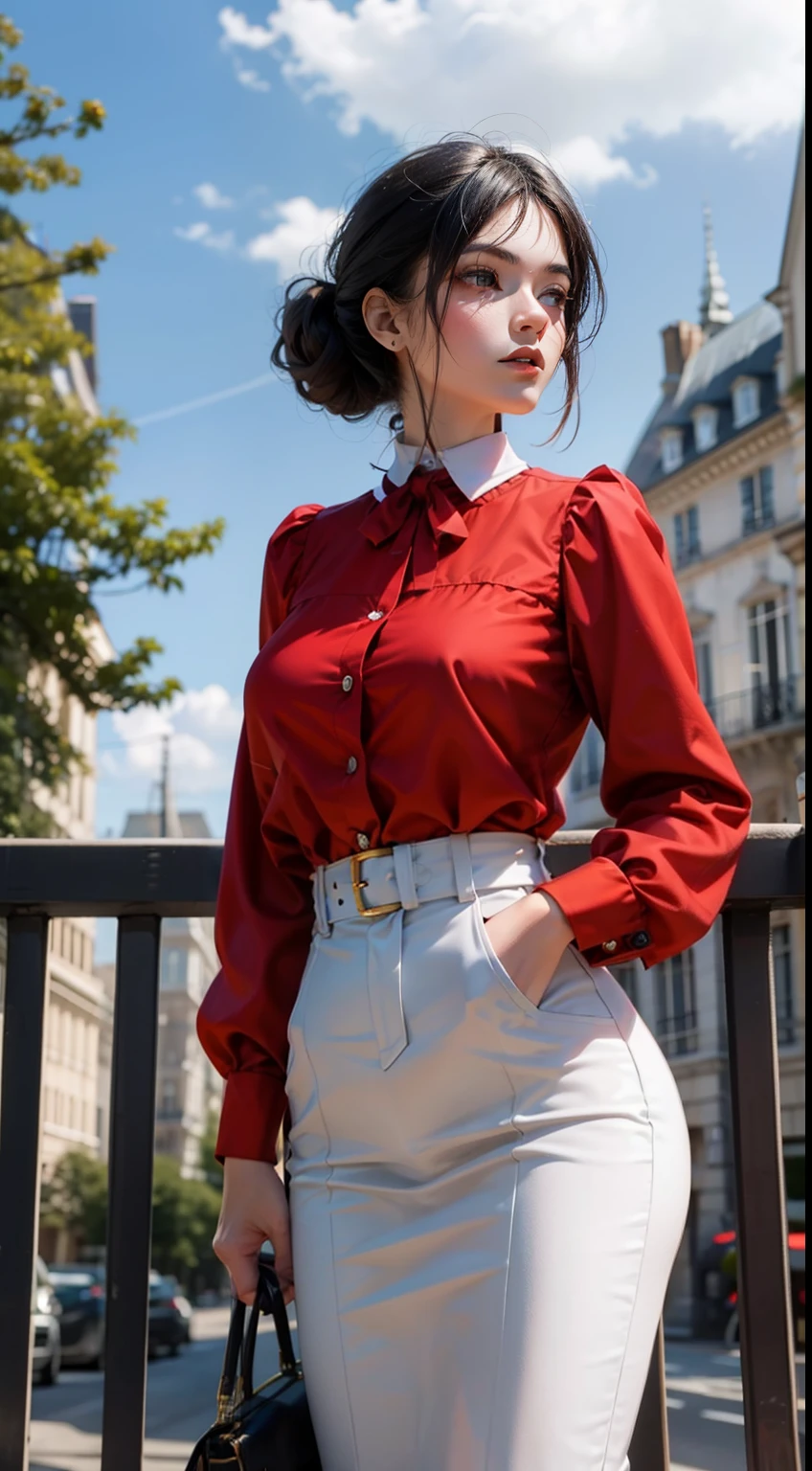 Beautiful woman in complex modern vintage French outfit