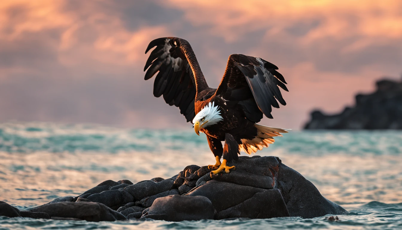 An eagle with a crab stuck to its face on top of a rock in the middle of the sea