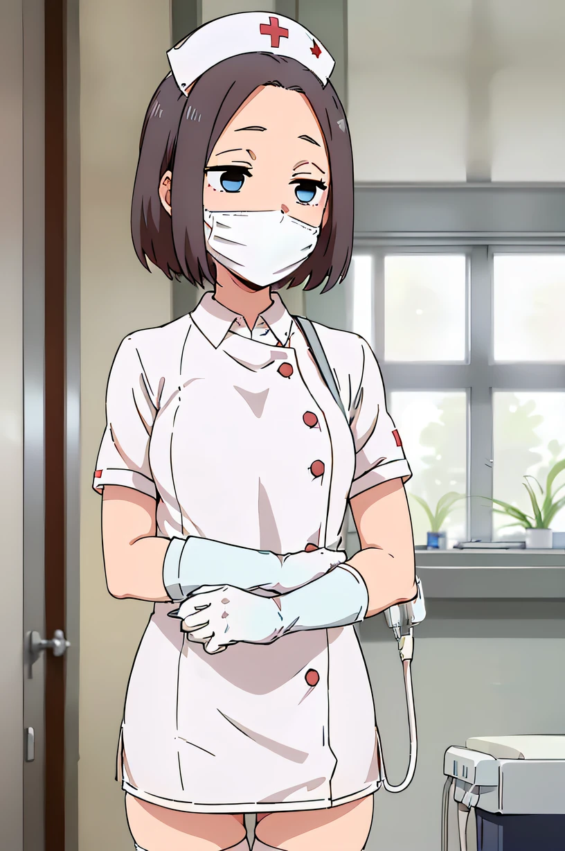 Mona, blue eyes, brown hair, short hair, expressionless, empty eyes, solo, Nurse, ((White nurse cap, White nurse uniform)), ((White legwear, zettai ryouiki)), White Gloves, ((White surgical mask, Cover the nose)), Standing, ((Hospital room)), sharp outline, Short sleeves, Best Quality, masutepiece