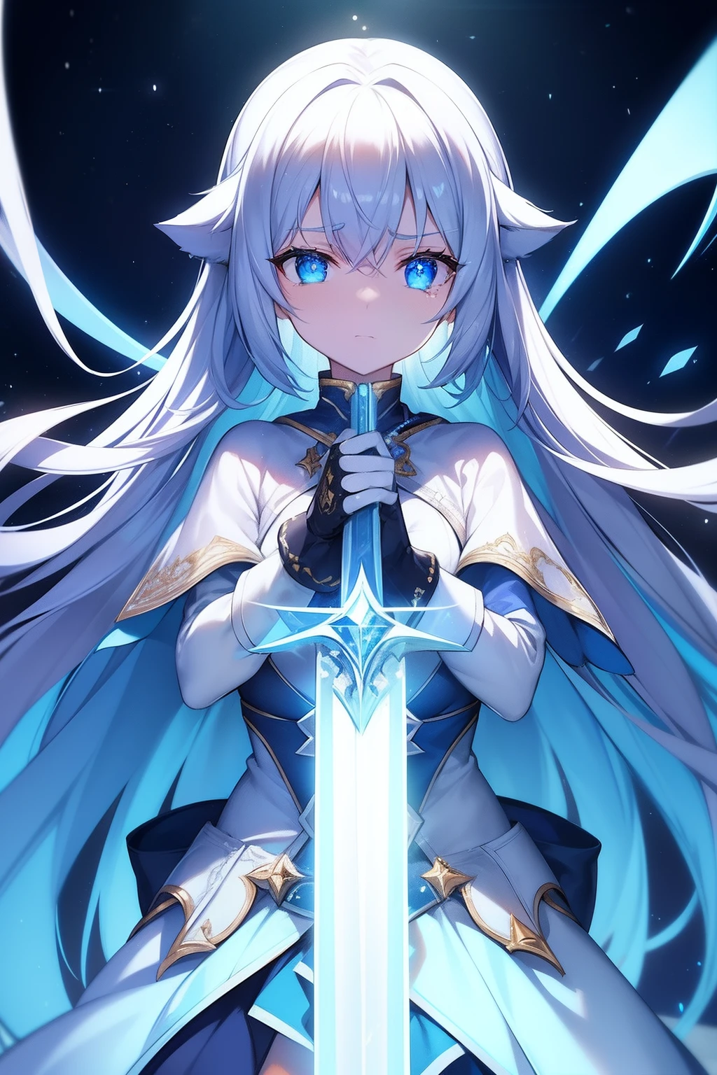 Cat's ears,hair is white and long,Goggles shine on her head,Her skin is pale, A blade of light enveloped me like a snake in interstellar wind,Unleash the Blade of Light,She cries with big tears from her eyes., Highest Quality, Carry a blue cloak with war maiden decorations,Raise the rainbow sword of the brave, ((Provocative))((afford)), 8 Blue Light Sword,Blade of Light,Lens Flare, Big rainbow,The moon shines,Star chips, bloom, ((light glow)), chromatic abberation], Digital Painting, Insane details, Intricate details, Beautifully color graded, Unreal Engine, Cinematic , colour grading, Editorial Photography , Photography, Photo Shot, Shot on 70mm lens, depth of fields, degrees of freedom, Tilt Blur, Shutter Speed 1/1000, h/22