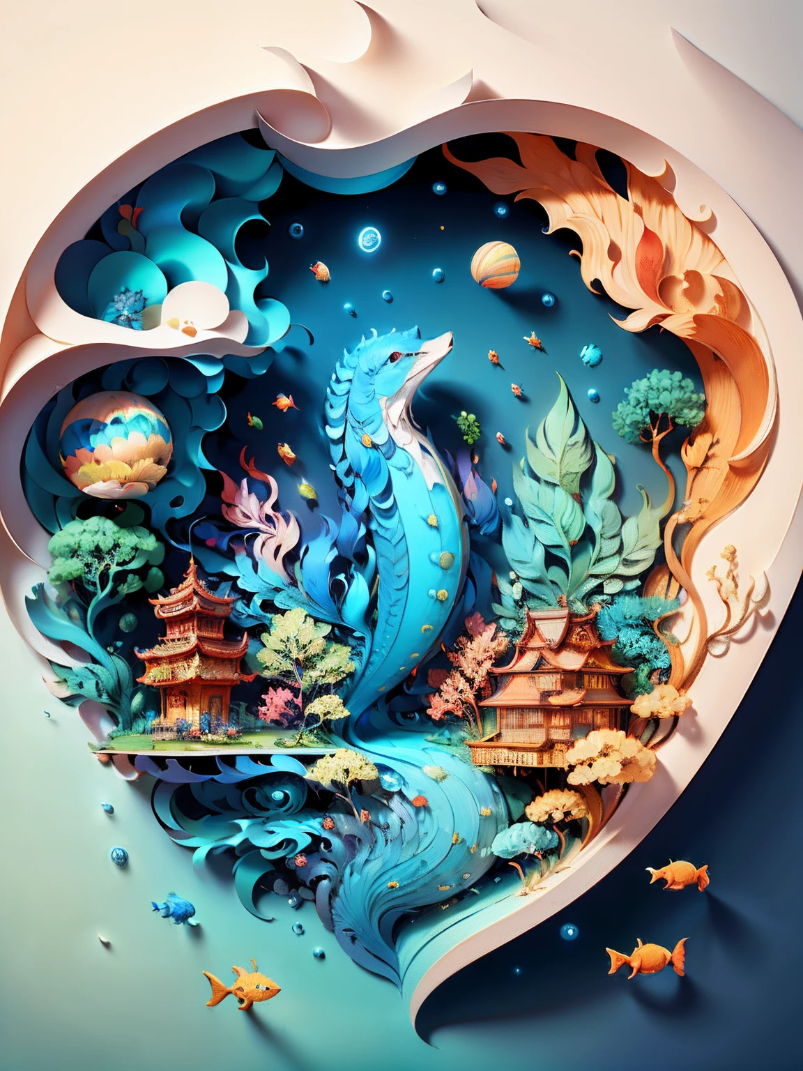 (((masutepiece))), Best Quality, Illustration, Earth, Water, sea horse, spaces, paper_cut,