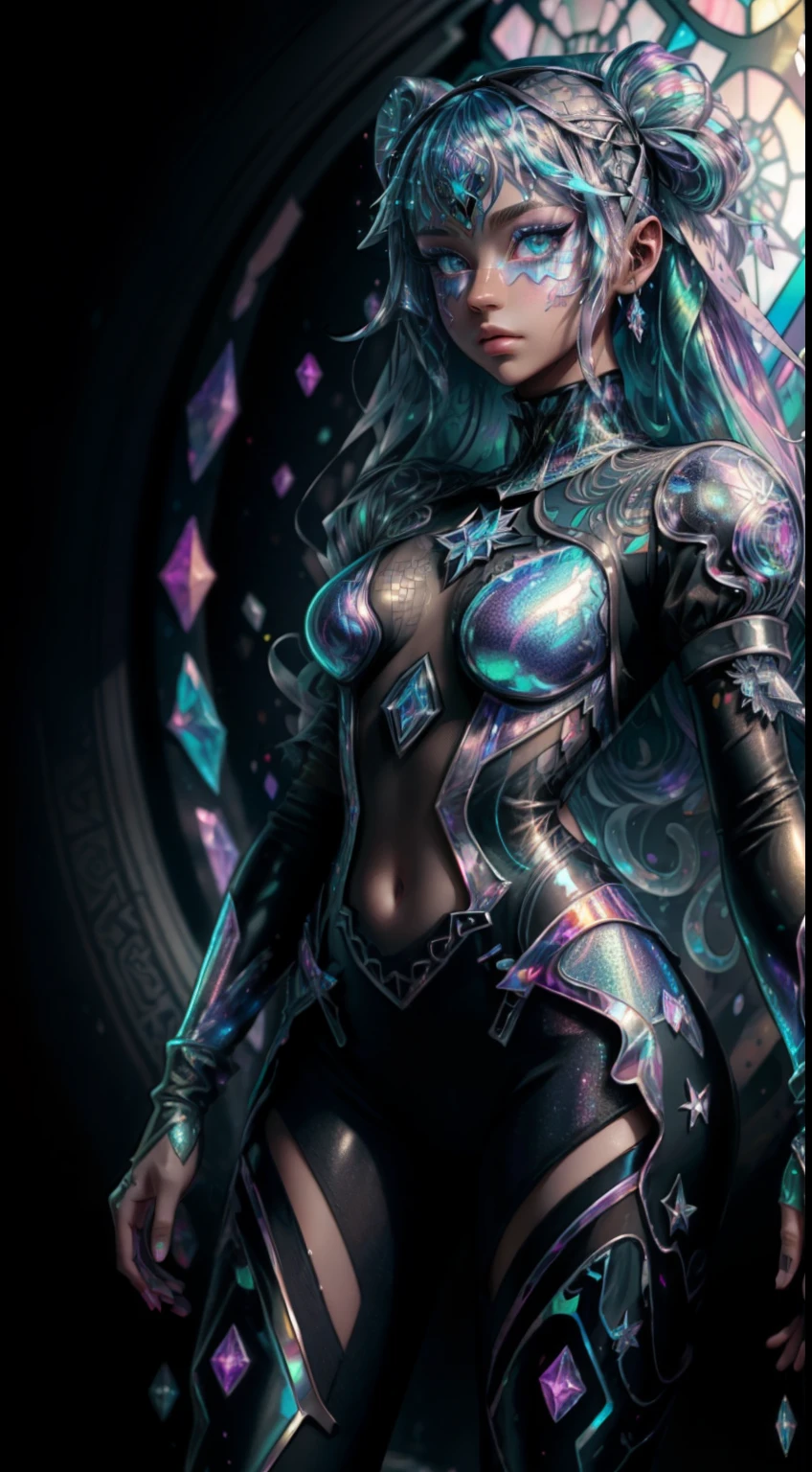 Hyperdetailed art, (holographic foil clothing), shiny, girl in a cybergoth outfit made of holographic foil, pastel colors, high details, expressive patterns, creative outcome, masterpiece, background made of crystal petals, a slime pond filled with gems, a labyrinth made of glass