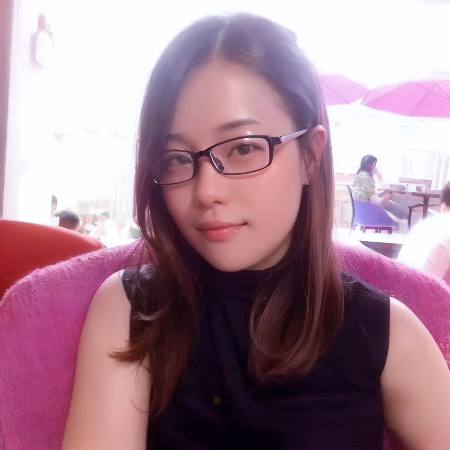 arafed woman in glasses sitting on a pink chair with a pink umbrella, 2 , 2 7 years old old, wenfei yehen, 3 2 years old, 38 years old, 3 6 yefeng lin, li zixin, xision wuses, yun ling