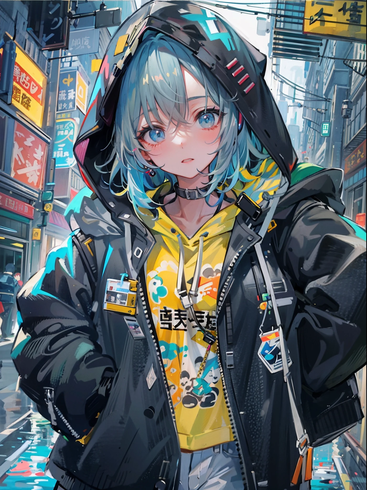 8K分辨率、((top-quality))、((masterwork))、((ultra-detailliert))、1 woman、独奏、incredibly absurdness、Oversized Hoodies、headphones、street、plein air、Sateen、neons、Shortcut Hair、Brightly colored eyes、Hands in pockets、shortpants、water dripping