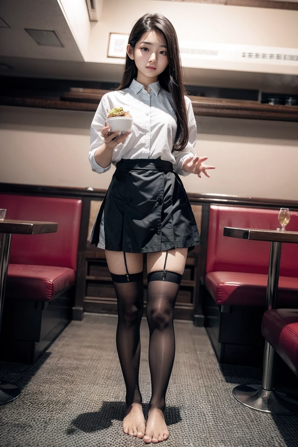 show entire body, feet in view, realistic, beautiful 16y.o. Asian female, traditional looking short skirt, stockings, no shoes, crowded restaurant, serving customers