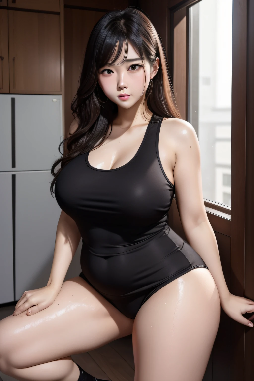 a beauty girl、Erotic、the face is round、Plump、((full of sweat))、cute little、embarrassed from、thighs thighs thighs thighs、Be undress、Wearing a dark colored tank top、((open the legs widely))