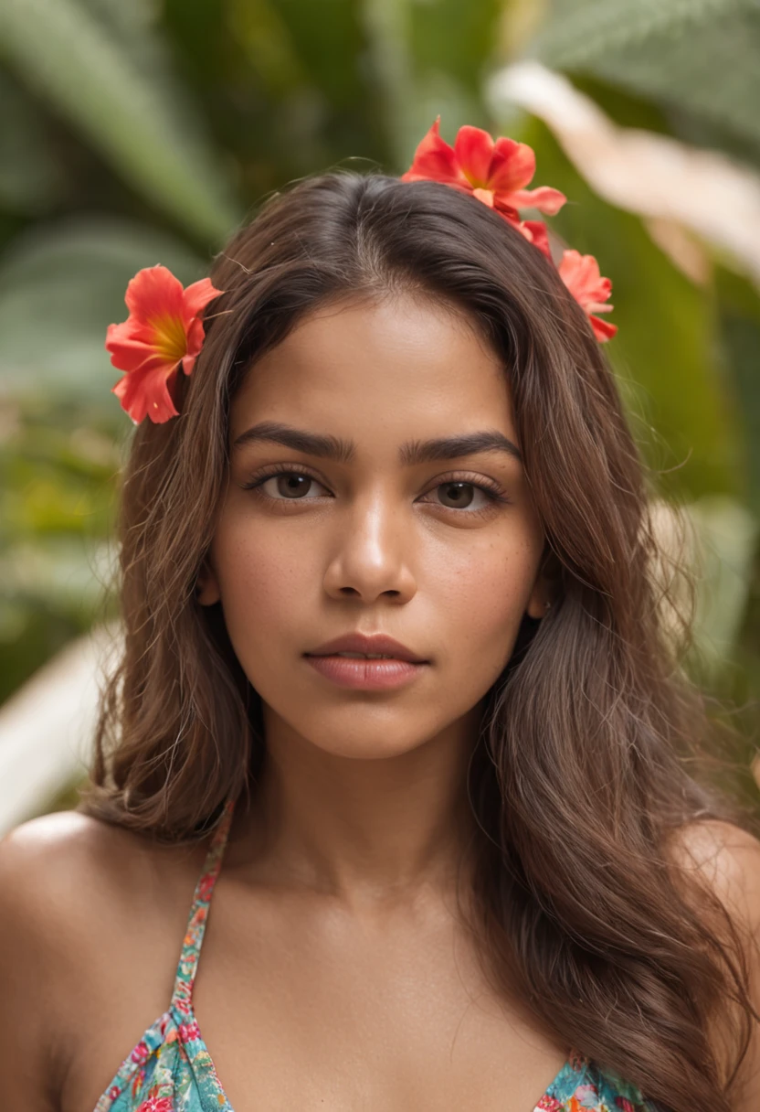 "Retrato de corpo inteiro da menina atraente com cabelo encaracolado, figura pequena, beach setting, ROUPAS COLORIDAS, beautiful face, Red flower behind ear decorating, pele morena do Sol, Mulher Latina, Central American Woman, Dominican Republic. Mostre sua beleza natural. ((pele altamente detalhada, detalhes da pele)), alegre, foco nítido, 8k UHD, DSLR, alta qualidade, filmic grain, luz de aro, cromo koda, seios grandes estourando (((tiro de corpo inteiro))),