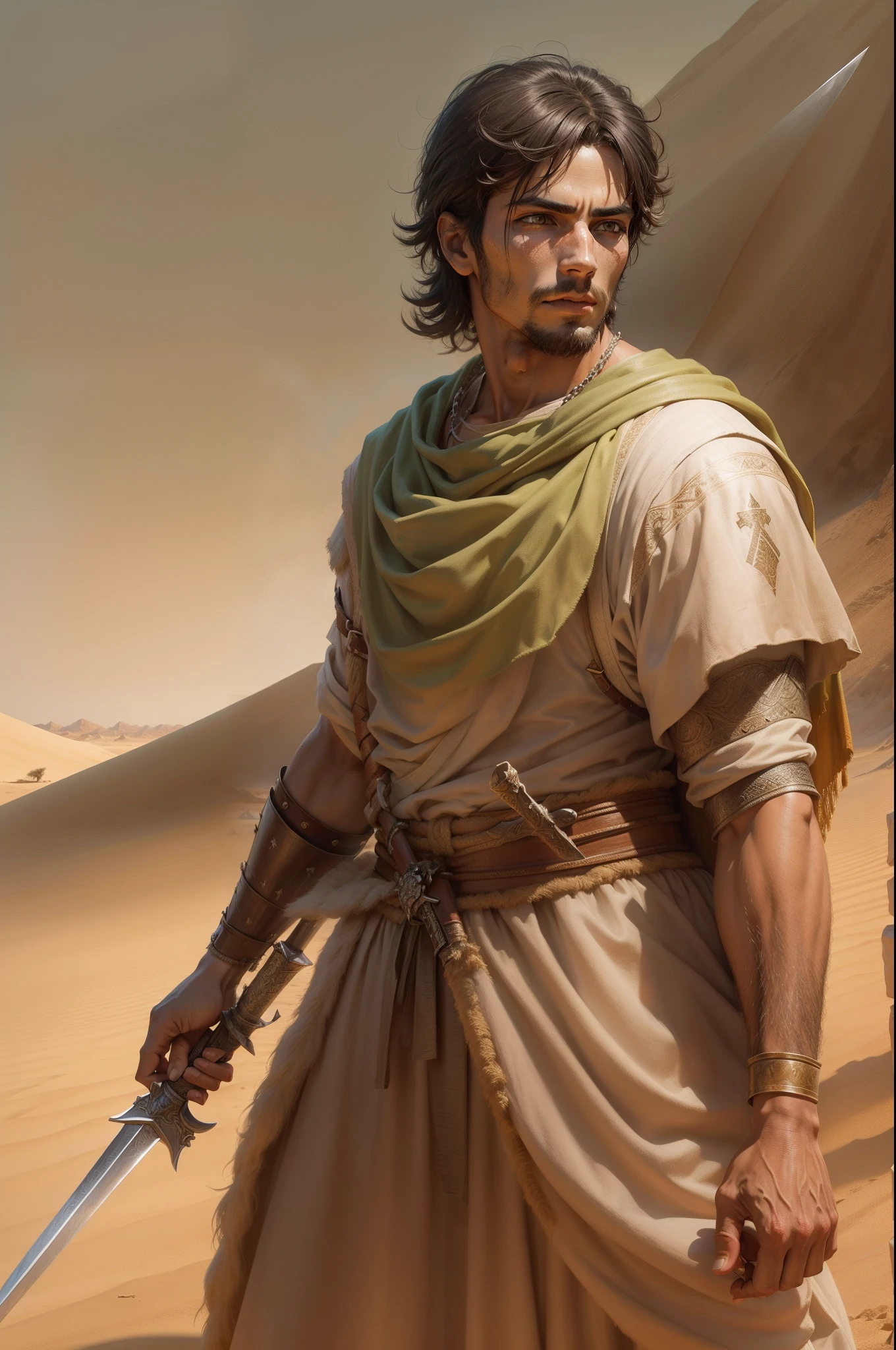 Joshua with short sword in hand, biblical warrior, deserto, Bible, Biblical character, Estilo realista