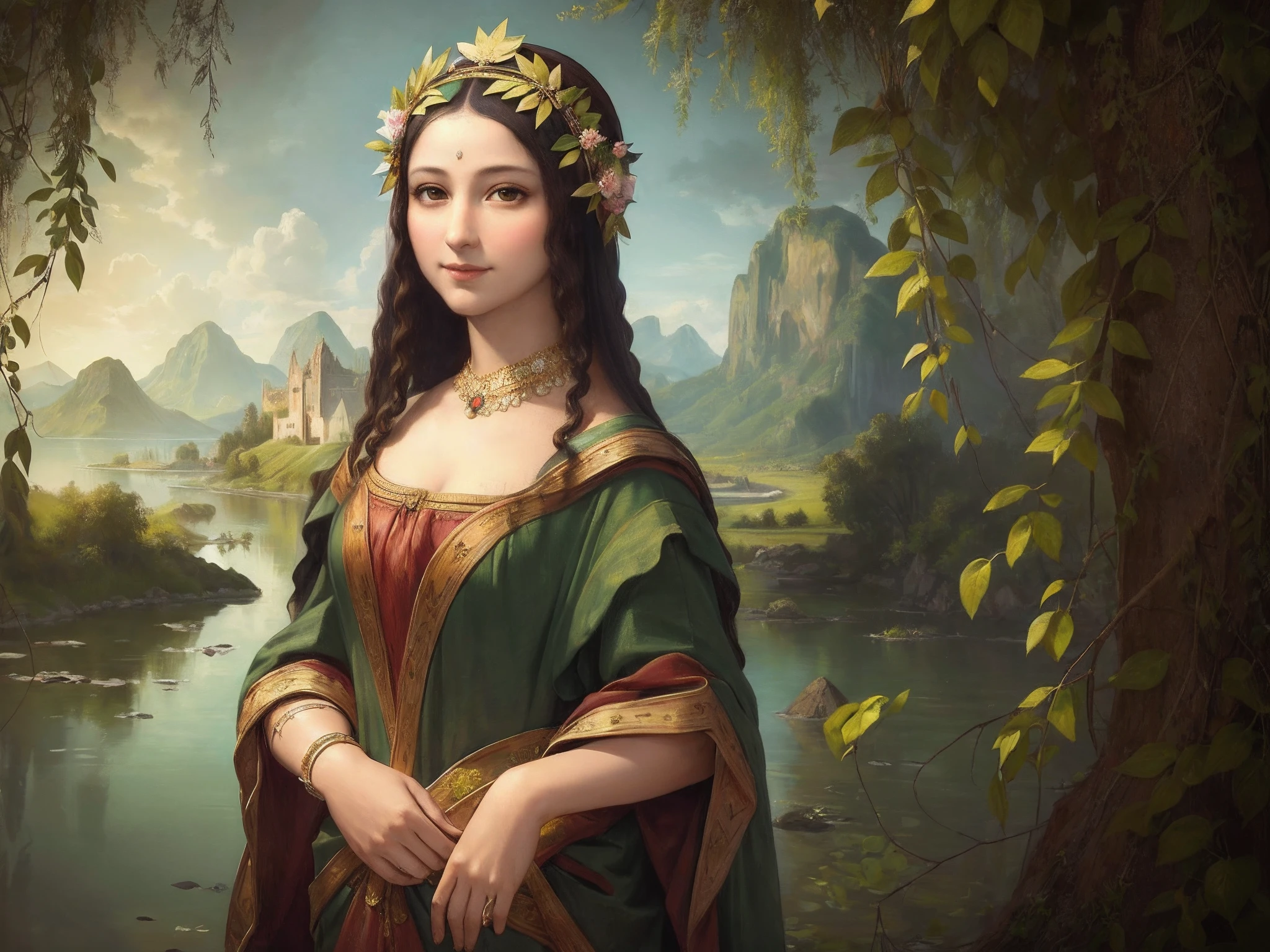 A female model,Wear a delicate headdress made of leaves, Flowers and vines poured down,Outline her face. Her makeup is dominated by green and gold,Match the nature theme. She calmly gazed at the audience,With the smile of the Mona Lisa. The overall color palette is bright spring green, Complements the warm sun effect. (RAW photo, Best quality),(Realistic, photo-realistic:1.3), Clean, Masterpiece,finedetail,Masterpiece,Ultra-detailed,A high resolution,(Best Illustration),(Best shadow),Intricate, Bright light.