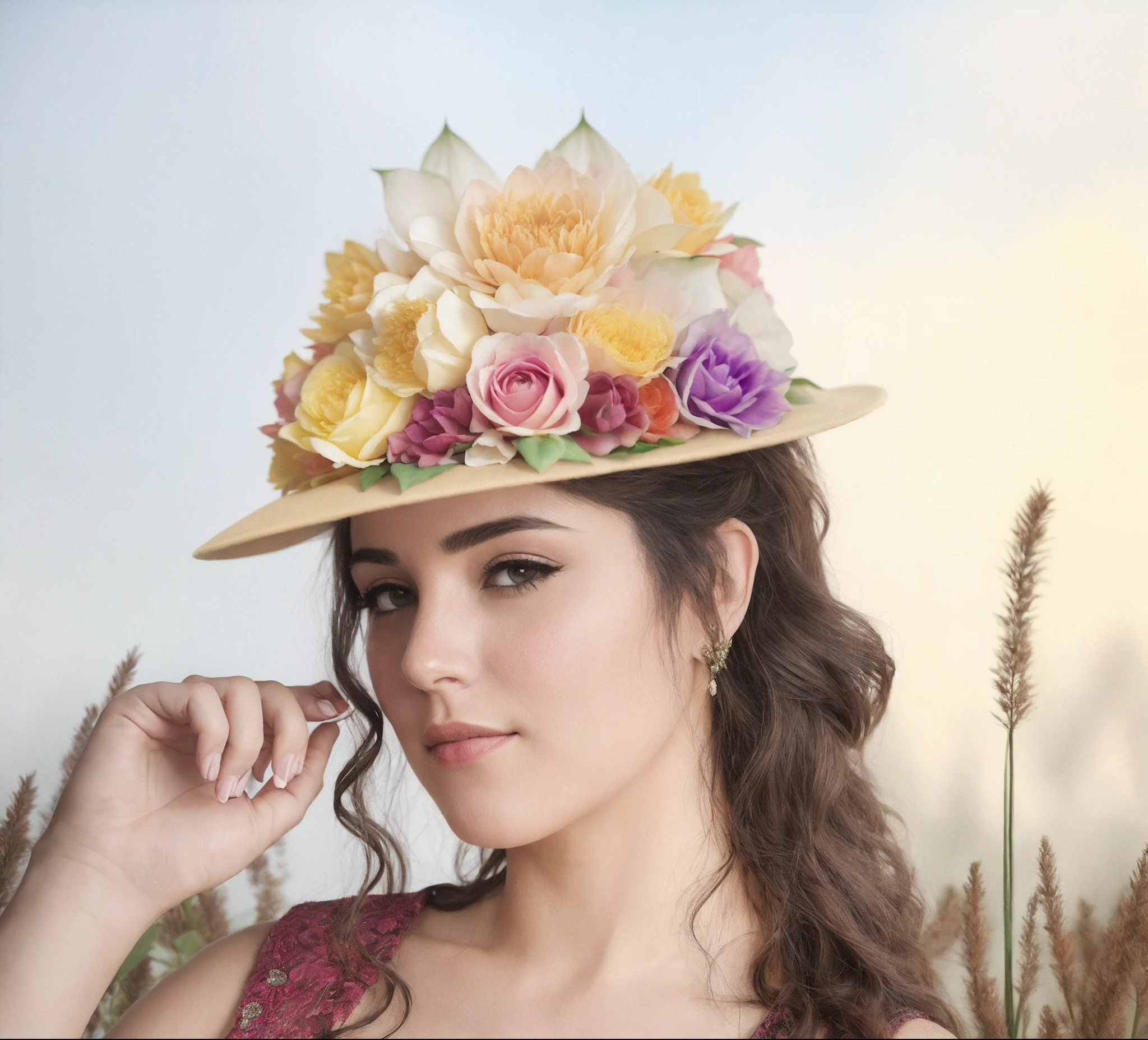 There is a woman wearing a hat with flowers, Ela tem uma coroa de flores secas, feito de flores secas, Retrato da tempestade da flor, Cocar floral dourado, olhando de lado, fotografia editorial, usando uma coroa floral, cocar floral, Alta costura floral, lotus floral crown girl, 3 / 4 ver retrato, feito de flores secas coloridas, qualidade superior、tmasterpiece、Foco suave , Aquarela gradiente brilhante , sonhador