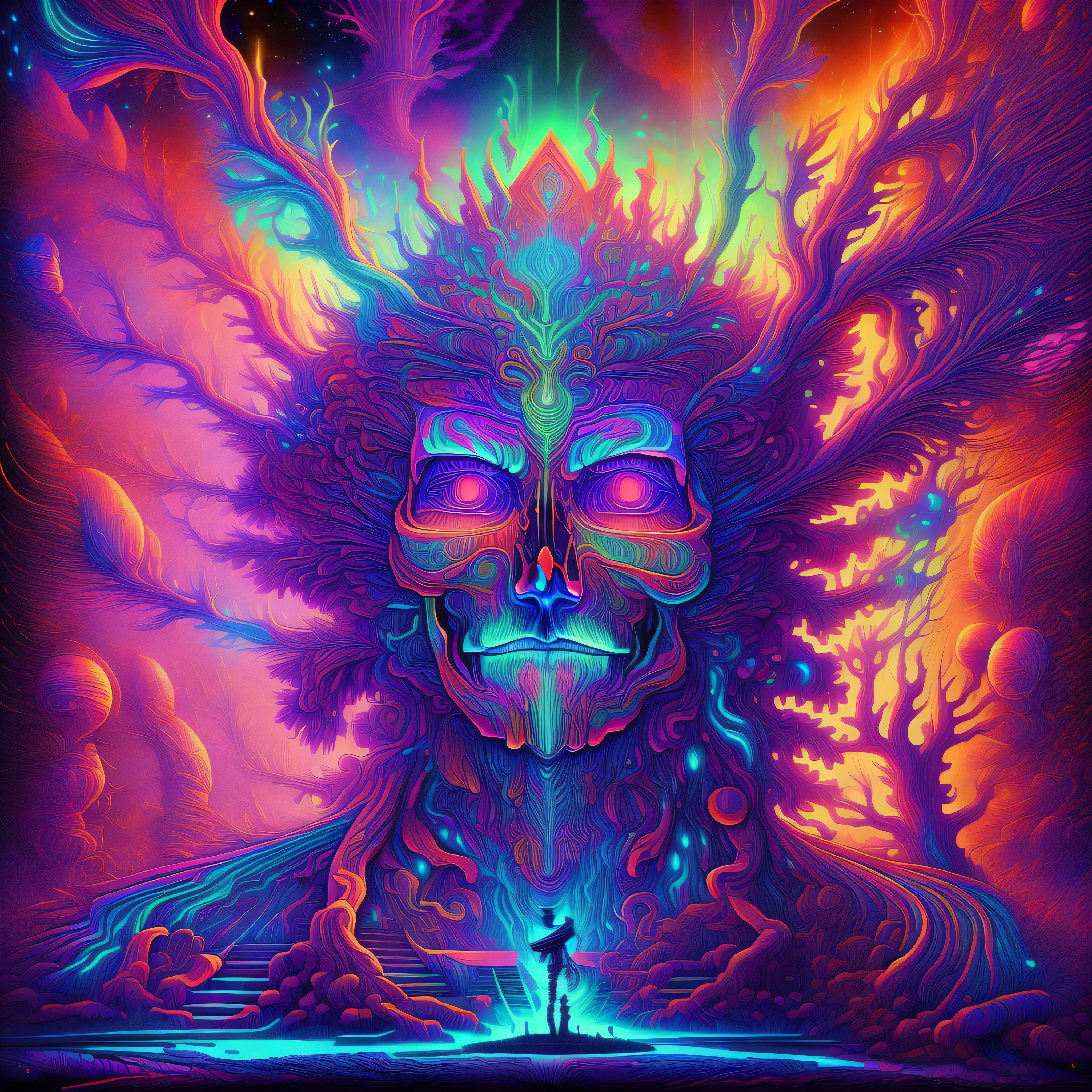 a painting of a psychedelic tree with a man's face surrounded by colorful clouds, psytrance artwork, dan mumford and alex grey style, psychedelic cosmic horror, psychedelic organic shaman, fractal thunder dan mumford, conjuring psychedelic background, portrait of a cosmic entity, fantasy skull, psychedelic shaman, galactic dmt entity, psychedelic illustration, psytrance, epic shamanic dmt art, physchelic masterpiece, black light painting