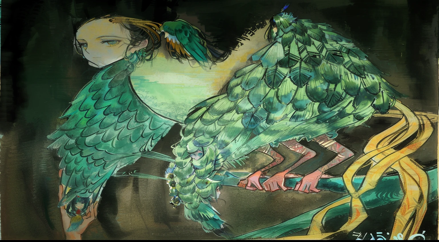 Draw a woman with a parrot on her shoulder, Young Chinese girl, Inspired by Carlos Schwabe, Inspired by Austin Osman Spater, Inspired by Gustav Tengren, harpy, green feathery hair, Inspired by Ernst Fox, Chinese woman, Inspired by Harry Clark, Inspired by Charles Maurice Detmold, Inspired by Remedios Varro
