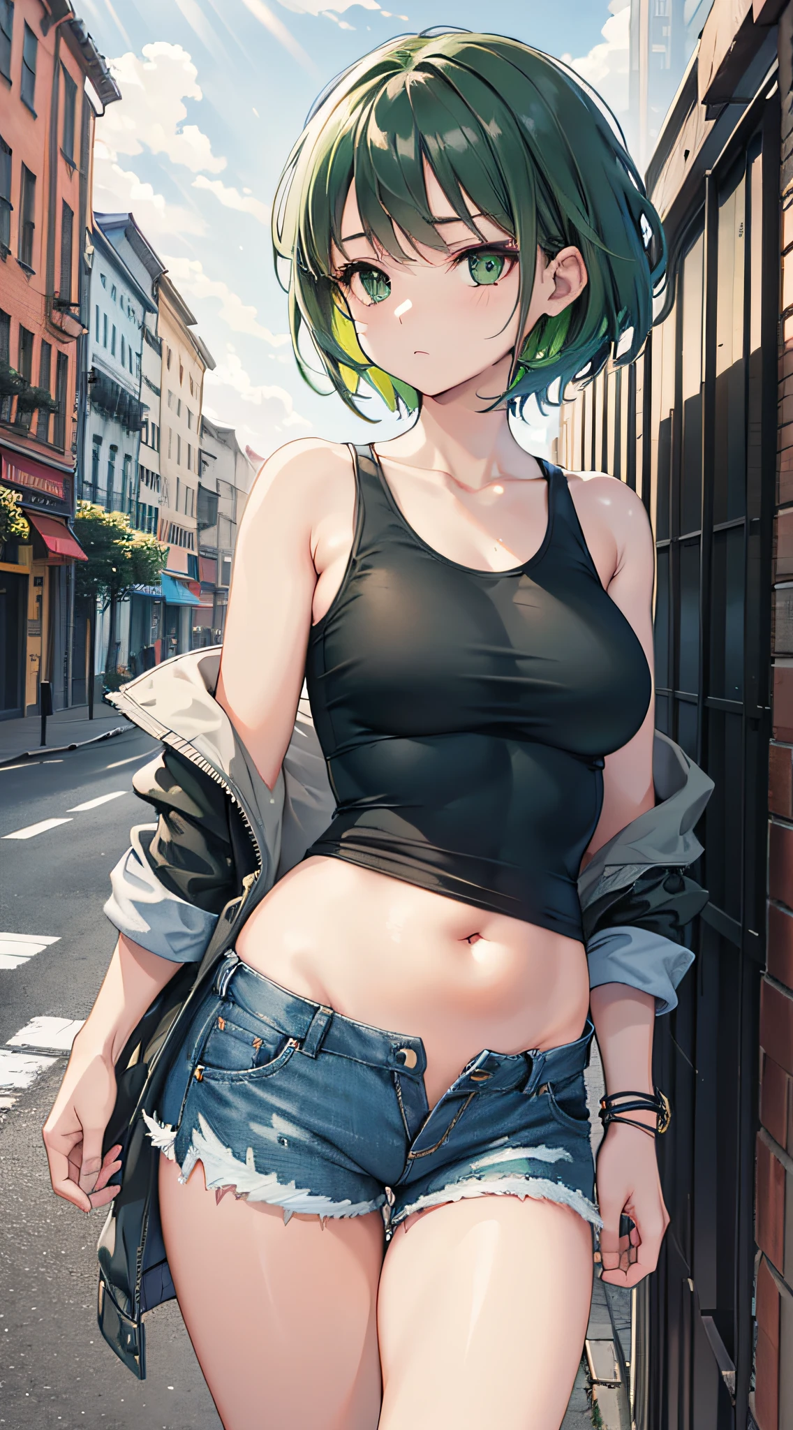 Resolution, imagination, (Photorealistic), daytime, Sunlight coming in from behind, beautiful light, (1Girl:1.4), (HDR:1.5), Cute belly fat+++, intriciate detail, 1 belly button, Mesugaki face, Sagging middle chest, (Green Eyes:1.3), (Green short hair:1.5), Black sleeveless, Black cropped t-shirt , wristband, Tight-fitting jeans, Very short jeans, Denim shorts, the street, city centre, building, Leaning against the wall,  (black & Blue Street Jacket)