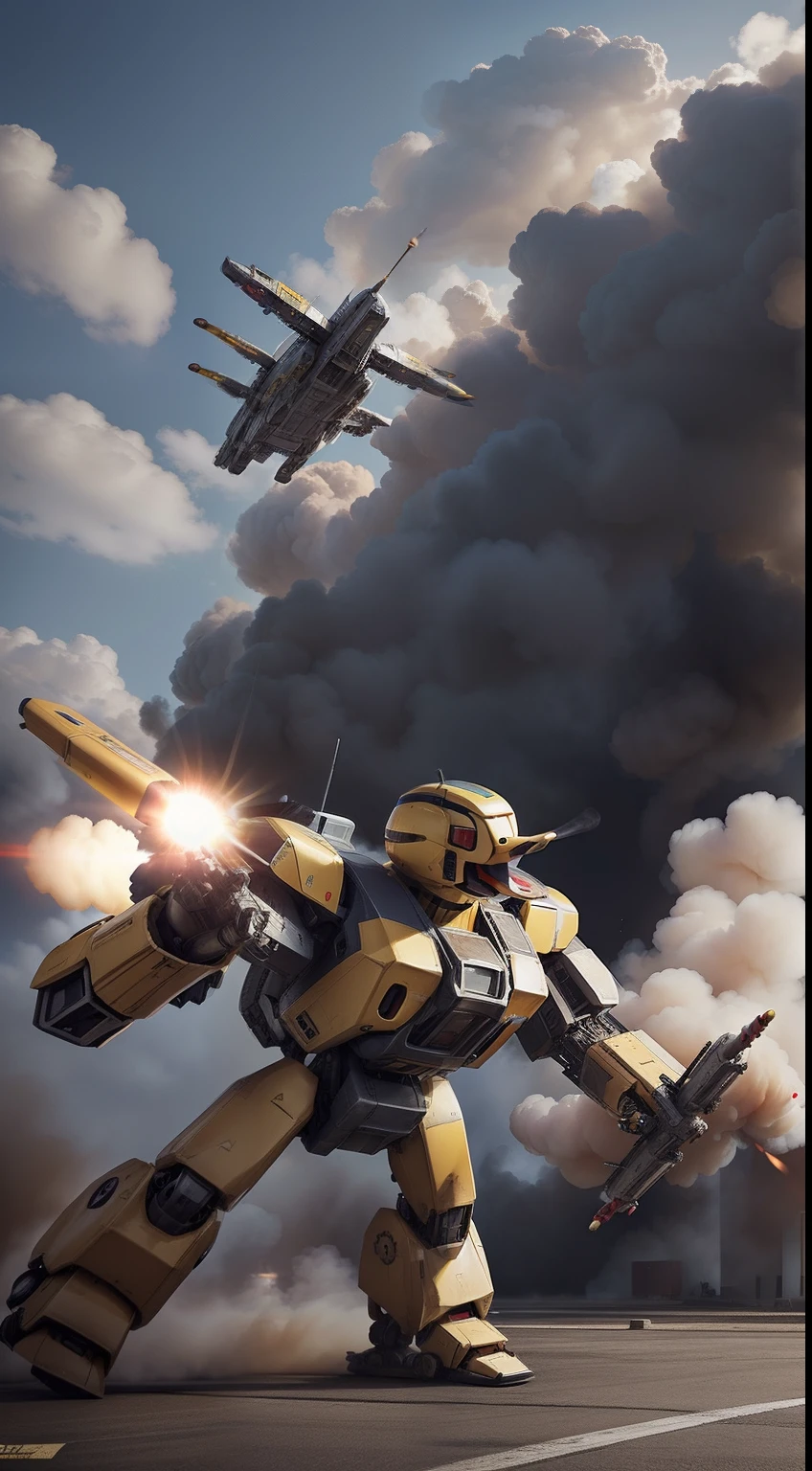 3 Very large mecha duck flying towards camera and laughing, yellow duck, war background, cinematic lighting, cinematic feel photography, few missile fly towards it, smoke,