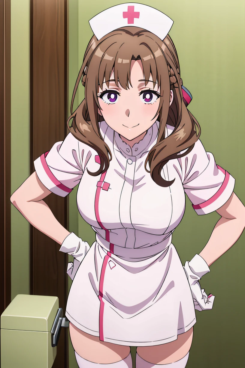 mamako_oosuki, long hair, brown hair, purple eyes, mature female, large breasts, bright pupils, ribbon, solo, Nurse, ((White nurse cap, White nurse uniform)), ((White legwear, zettai ryouiki)), White Gloves, Smile, Standing, ((Hospital room)), sharp outline, Short sleeves, Best Quality, masutepiece