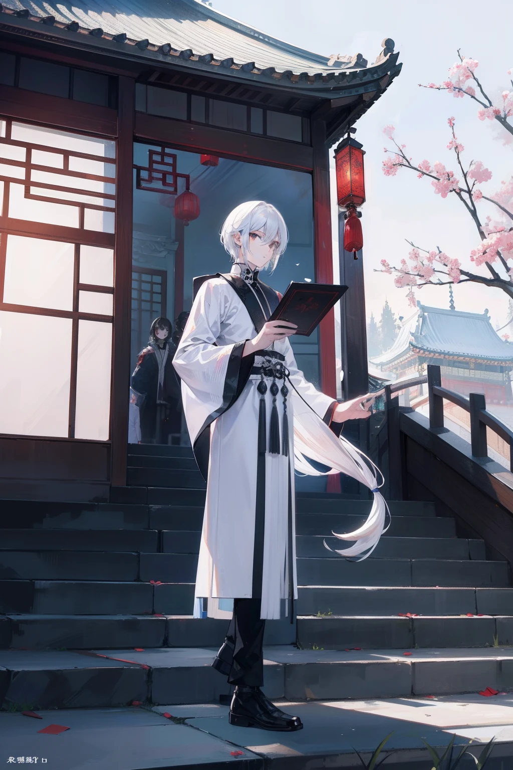 The arXiv snapshot has a lot of amazing views and buildings。 [quality photo/Quality images/wallpaper hd] Make this picture a real work of art。Focus on what's in the picture [Young men/Handsome man/Handsome man] ，He wears one [White wig/whaite hair] ，Standing in front of a traditional Chinese building。