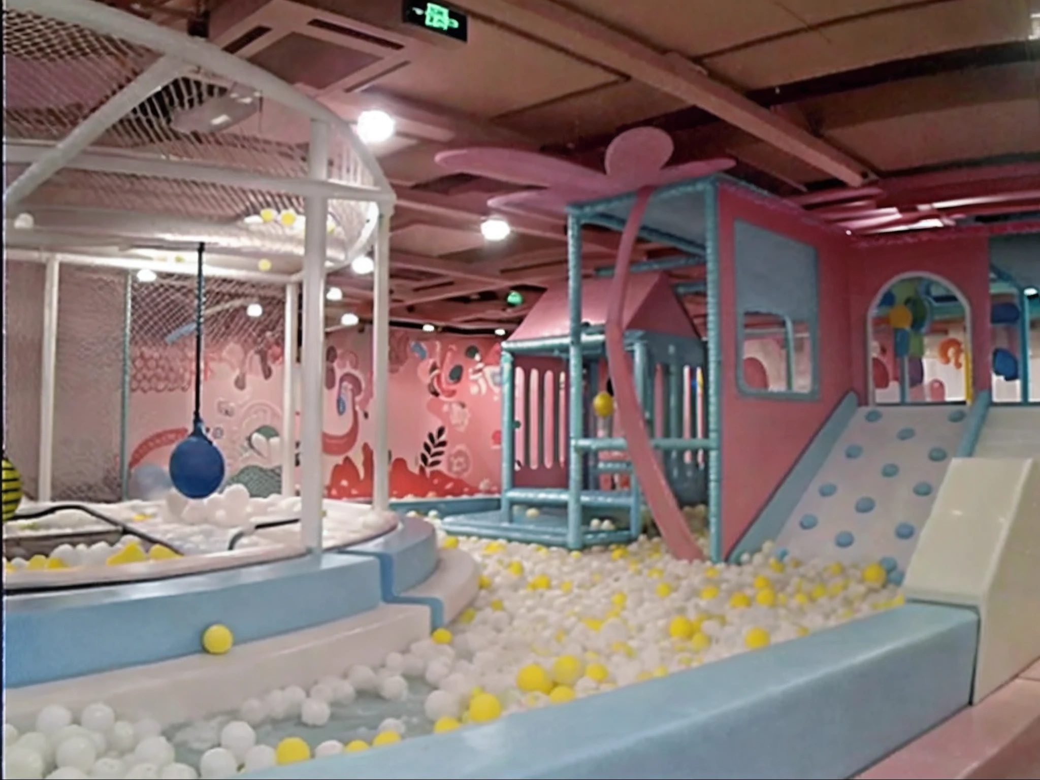 There is a ball pit with a slide and a ball pit with a ball, softplay, Children's Square, discovery zone, amusement park interior design, children playground, activity play centre, children's, in a ball pit, fantasy land, 4 0 9 6, softair center landscape, indoor, having fun, toddlers, digger land amusement park, view from bottom to top