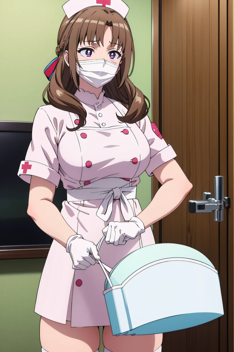 mamako_oosuki, long hair, brown hair, purple eyes, mature female, large breasts, bright pupils, ribbon, solo, Nurse, ((White nurse cap, White nurse uniform)), ((White legwear, zettai ryouiki)), White Gloves, ((White surgical mask, Cover the nose)), Standing, ((Hospital room)), sharp outline, Short sleeves, Best Quality, masutepiece