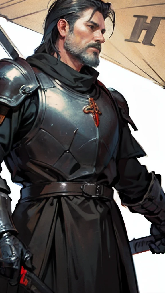 "A man with short black hair, medieval black armor, looking towards the camera, holding a large sword,"