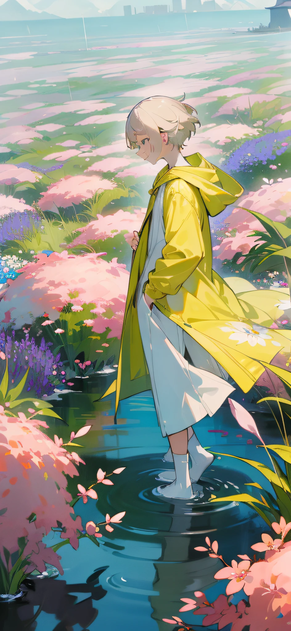 whaite hair,Barefoot white socks,Wear a yellow raincoat(1.5),Libido boy,Stroll through a sea of gorgeous flowers。