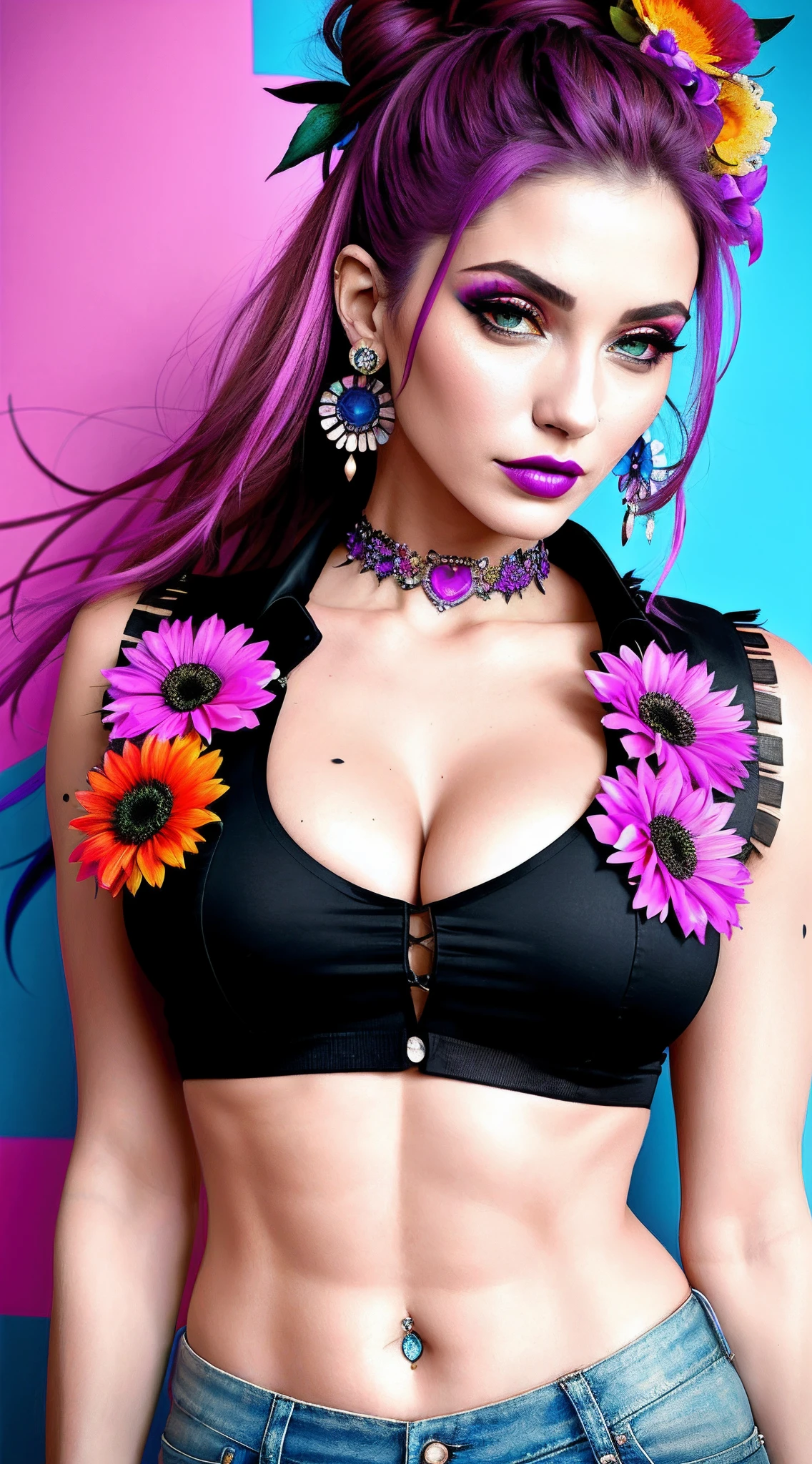 photography of a beautiful monster woman with flowers in her hair.at eye level,close up , upper body. deep cleavage ,wearearing a crop top ,wearing artistic earings, punk woman . blury background. slim, (small breasts), (t-shirt, open vest, midriff)