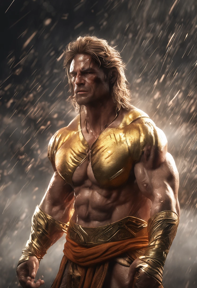 (Professional 3D rendering:1.3) de (Realistic:1.3) Foto de arte mais bonita do mundo，Features soft, bright male heroes, ((Goku epic fantasy rough muscular man wet hero angry look golden hair and fierce expression in dynamic pose, fantastic location, majestoso ambiente desordenado)), corpo inteiro 8k unidade render, action shot, poros da pele, very dark lighting, sombreamento pesado, circunstanciado, Rosto detalhado, (vibrante, fotogrdeia realista, Realistic, Dramatic, Escuro, foco nítido, 8k), (Clothes d damaged by bad weather:1.4), ((((Use peles)))), (intrincado:1.4), decadente, (altamente detalhado:1.4), pintura digital, rendering by octane, art stations, Conceito-Arte, liso, foco nítido, illustration, germe da arte, (Loish:0.23), Wlop Ilya Kuvshinov, e Greg Rutkowski e Alphonse Mucha Gracias, (global ilumination, studiolight, Light Volumetric), chuva forte, floating particles, patife, fantasia, Onze, corpo inteiroesbian, ((Fundo escuro e antigo da cidade:1.3)),CGSesociedade,art stations