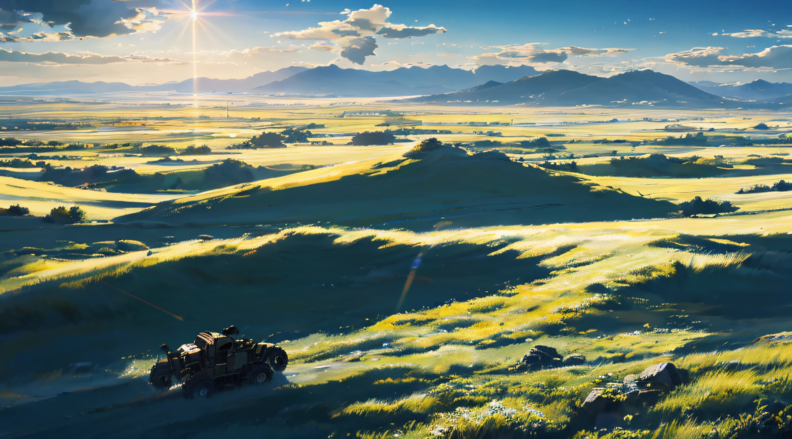 The vast sky, beautiful skyline, large grasslands, extremely tense and dramatic pictures, moving visual effects, the high-hanging Polaris, and colorful natural light.