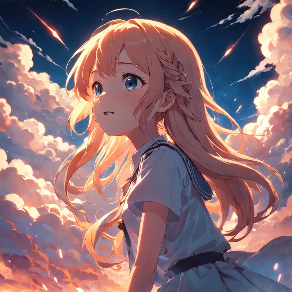 masterpiece, best quality, movie still, 1girl, cloud girl, floating in the sky, close-up, bright, happy, warm soft lighting, sunset, (sparks:0.7)