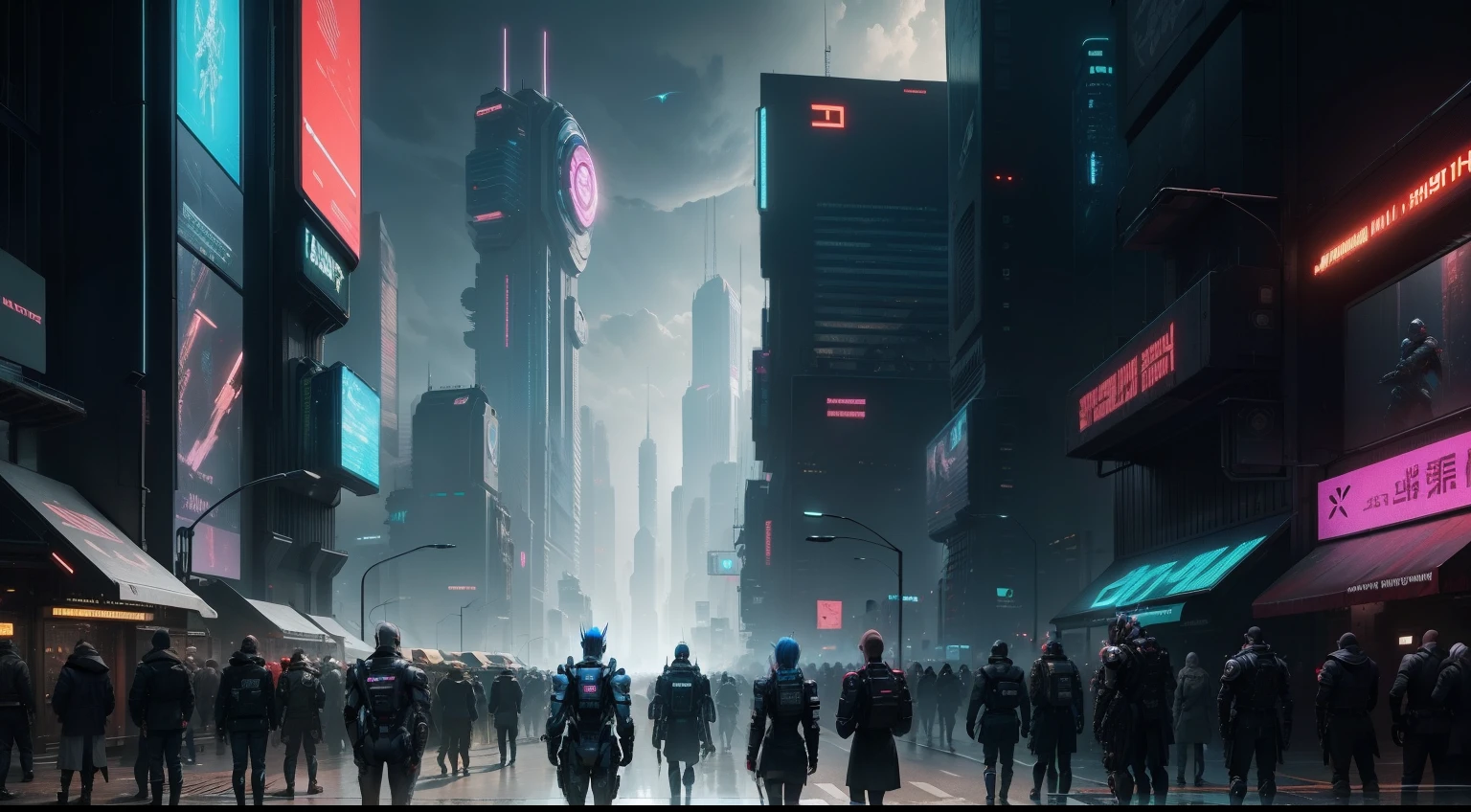 future cyberpunk city with a crowd of human and androids