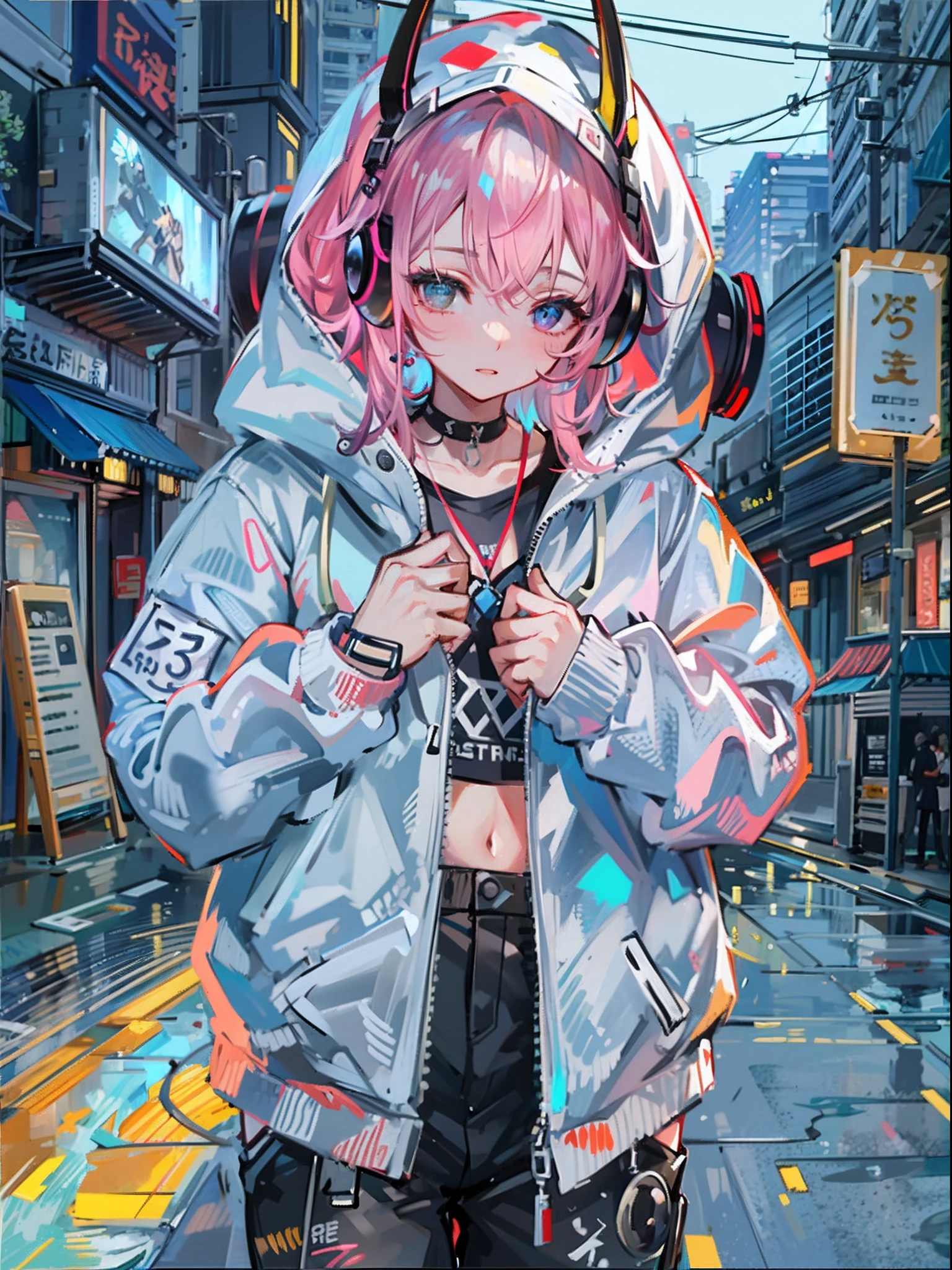 8K分辨率、((top-quality))、((masterwork))、((ultra-detailliert))、1 woman、独奏、incredibly absurdness、Oversized Hoodies、headphones、street、plein air、Sateen、neons、Shortcut Hair、Brightly colored eyes、Hands in pockets、shortpants、water dripping