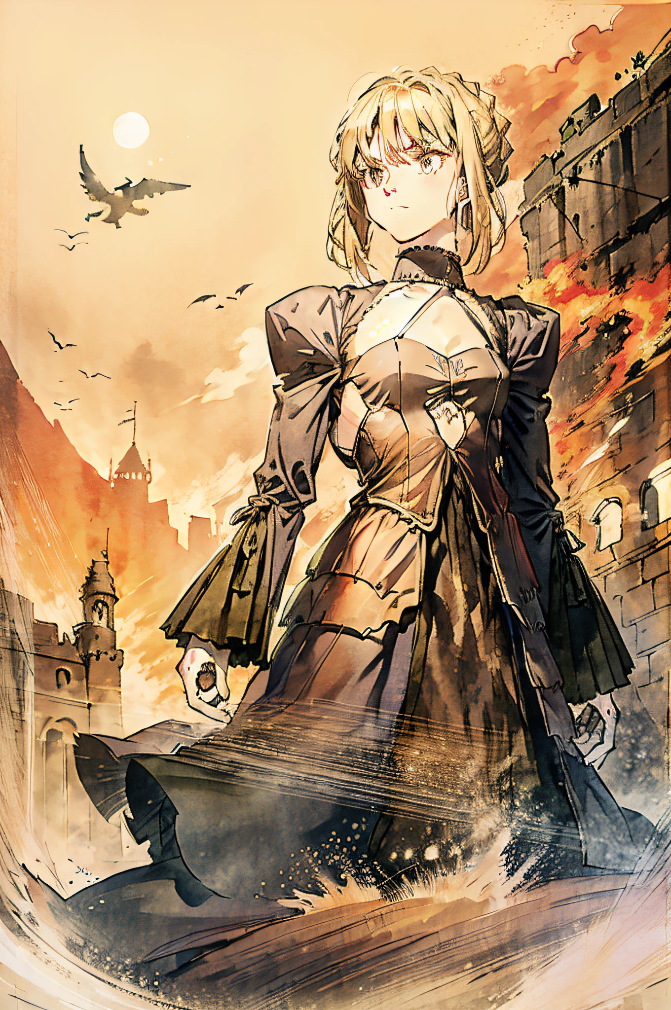 A savanna in front of a medieval castle,There was a blonde girl standing