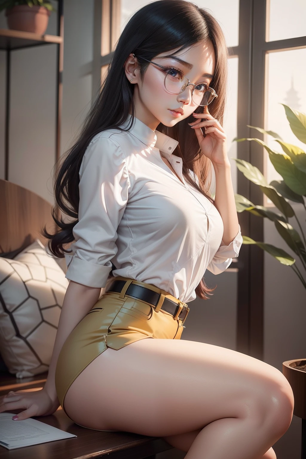 Beautiful and sexy Chinese female college student，In a white blouse shirt，dual horsetail，There are tiger teeth and pear nests，With white-framed glasses