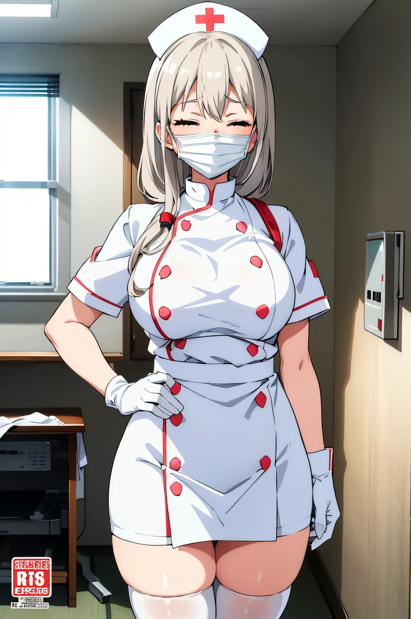 uzaki tsuki, closed eyes, large breasts, solo, Nurse, ((White nurse cap, White nurse uniform)), ((White legwear, zettai ryouiki)), White Gloves, ((White surgical mask, Cover the nose)), Standing, ((Hospital room)), sharp outline, Short sleeves, Best Quality, masutepiece