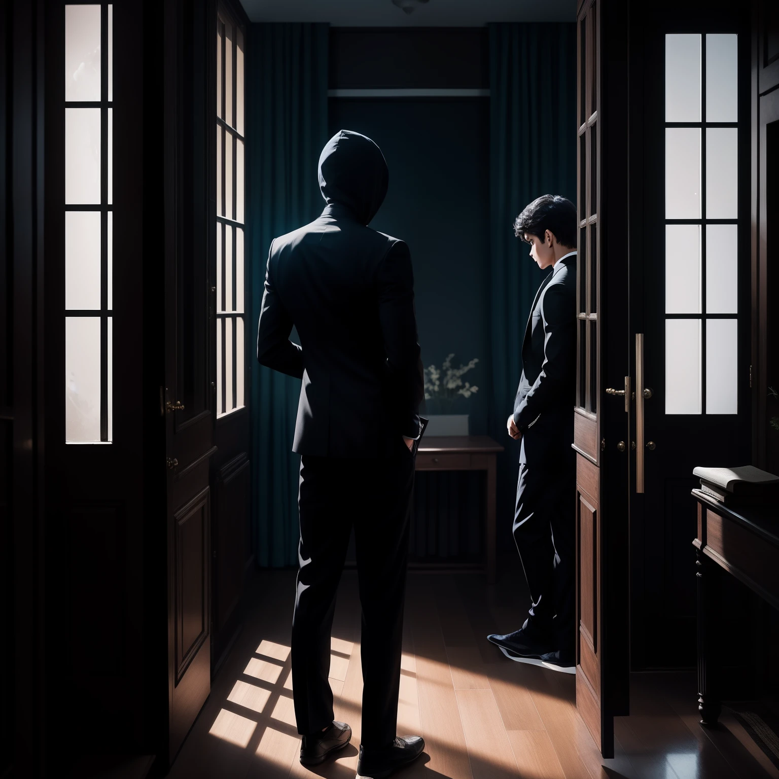 There is five boys studying  group, studying in room front of window  roads , back pose, full body with black suit and hide face with books , teens, cool pose, back pose , night time with moon light, realistic pose,indian boys