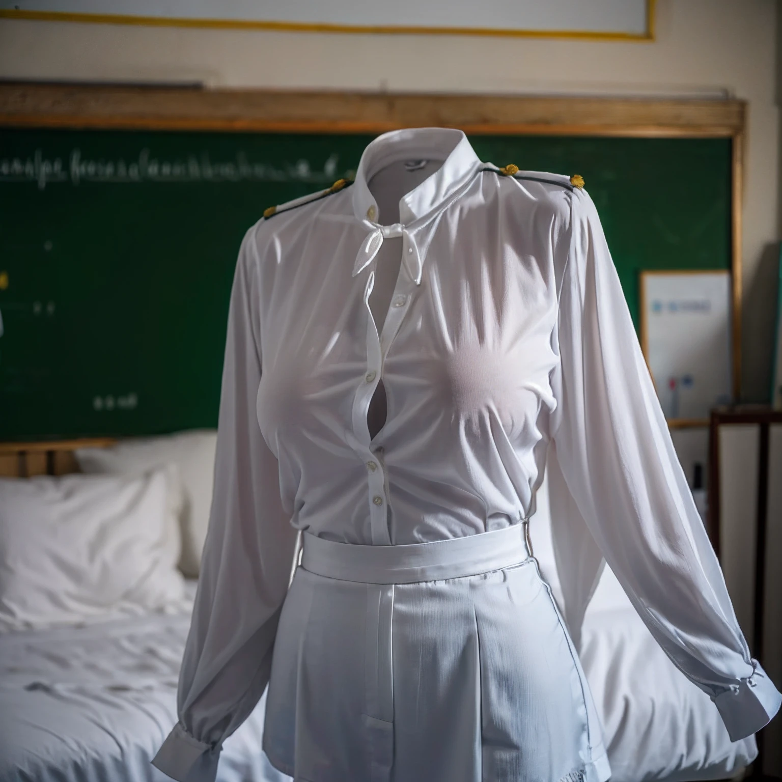 (girls' school blouse:1.7) , (school blouse suits swells as if worn by invisible girl:1.7),((invisible, no humans:1.7, headless:1.7, handless, legless)), (big breasts:1.9),(on the bed), pose,
(8k, RAW photo, best quality, masterpiece:1.2), (realistic, photo-realistic:1.37),photon mapping, radiosity, ((Hasselblad photography)),physically-based rendering,