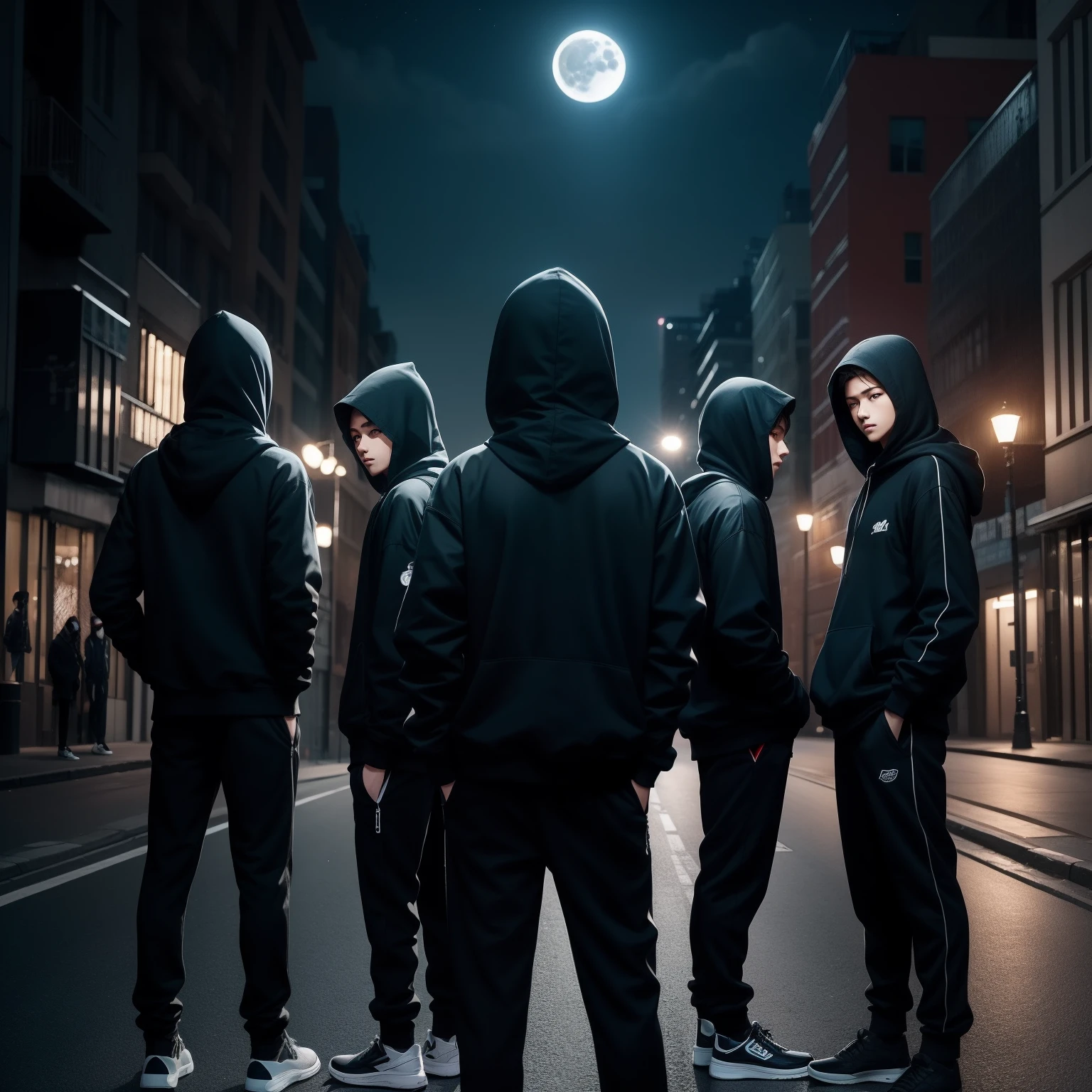 There is five boys group, standing on city roads , back pose, full body with black suit and hide face with hoodie cap and half face mask , teens, cool pose, back pose , night time with moon loght, realistic pose,