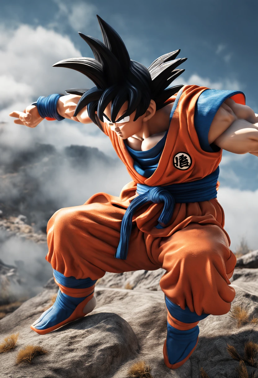(Professional 3D rendering:1.3) de (Realistic:1.3) Goku com cabelos negros,