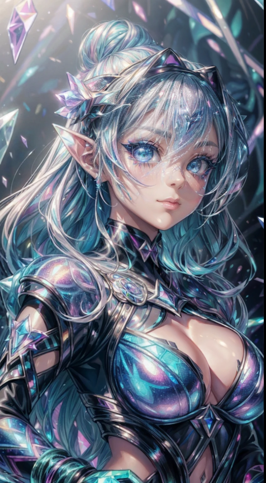 Hyperdetailed art, (holographic foil clothing), shiny, girl in a cybergoth outfit made of holographic foil, pastel colors, high details, expressive patterns, creative outcome, masterpiece, background made of crystal petals, a slime pond filled with gems, a labyrinth made of glass