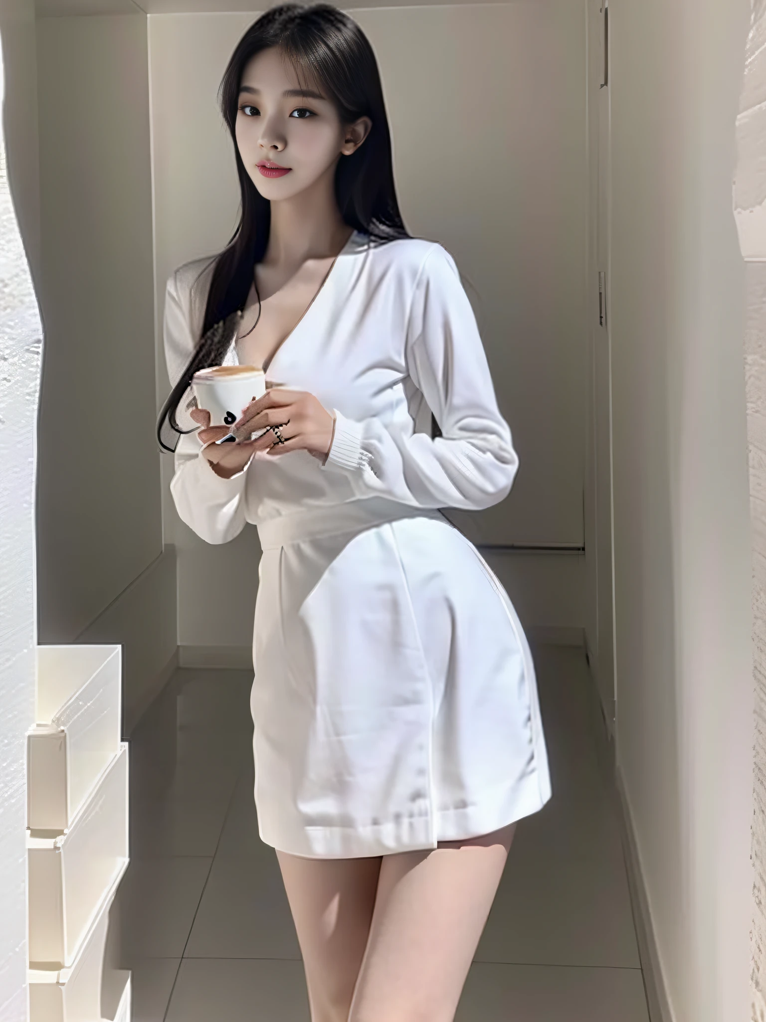 超高分辨率，super-fine，Asian woman in white dress posing in room, Gorgeous young Korean woman, wearing white clothes, wearing white skirt, korean women's fashion model, Korean girl, beautiful Korean women, Beautiful young Korean woman, white trendy clothes, white silky outfit, white skirt and barechest, Dressed in white, jaeyeon nam, wearing white clothes, white apparel，In the café，drinking a coffee