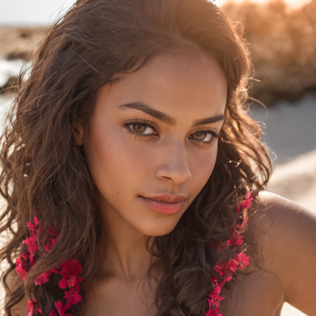 "Retrato de corpo inteiro da menina atraente com cabelo encaracolado, figura pequena, beach setting, ROUPAS COLORIDAS, beautiful face, Red flower behind ear decorating, pele morena do Sol, Mulher Latina, Central American Woman, Dominican Republic. Mostre sua beleza natural. ((pele altamente detalhada, detalhes da pele)), alegre, foco nítido, 8k UHD, DSLR, alta qualidade, filmic grain, luz de aro, cromo koda, seios grandes estourando (((tiro de corpo inteiro))),