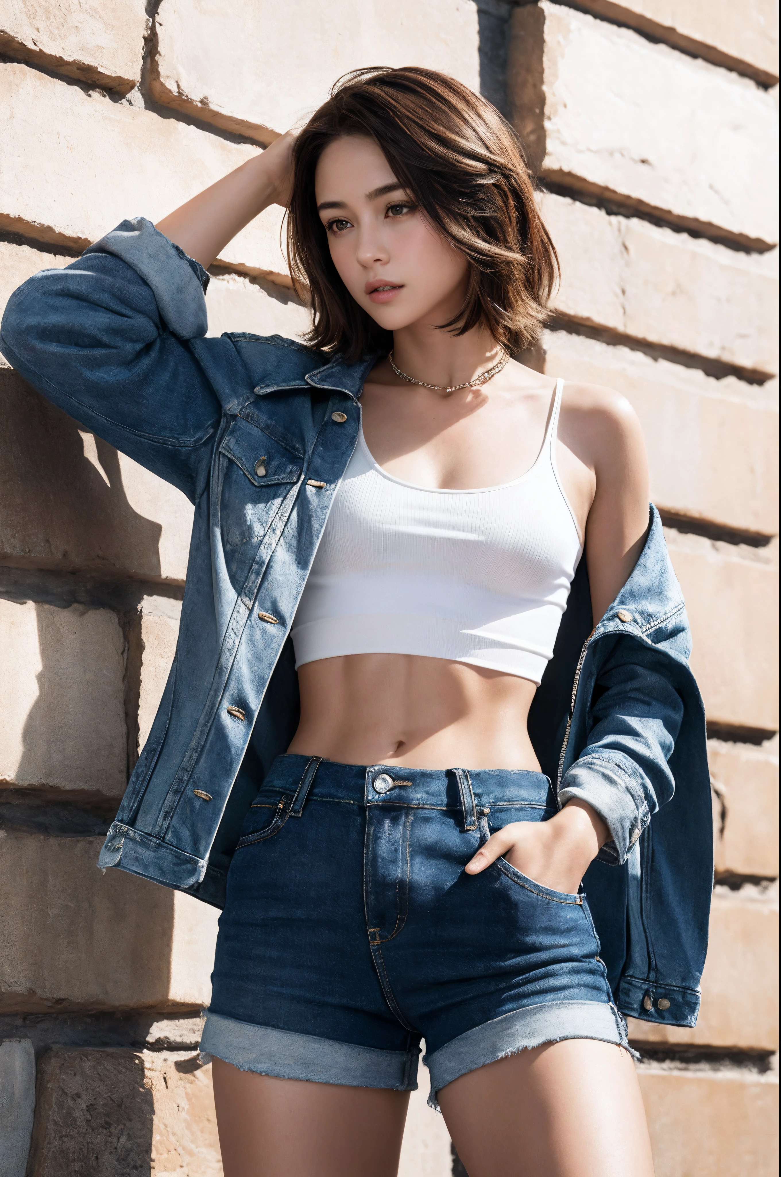((medium breast, tomboy girls, small head)), daylight, sunlight, (chiseled abs : 1.1), (perfect body : 1.1), (short wavy hair : 1.2) , auburn hair, collar, chain, full body shot, crowded street, wearing black tanktop, jeans jacket, ((shorts)), (extremely detailed CG 8k wallpaper), (an extremely delicate and beautiful), (masterpiece), (best quality:1.0), (ultra highres:1.0),  beautiful lighting ,perfect lightning, realistic shadows, [highres], detailed skin, ultra-detailed
