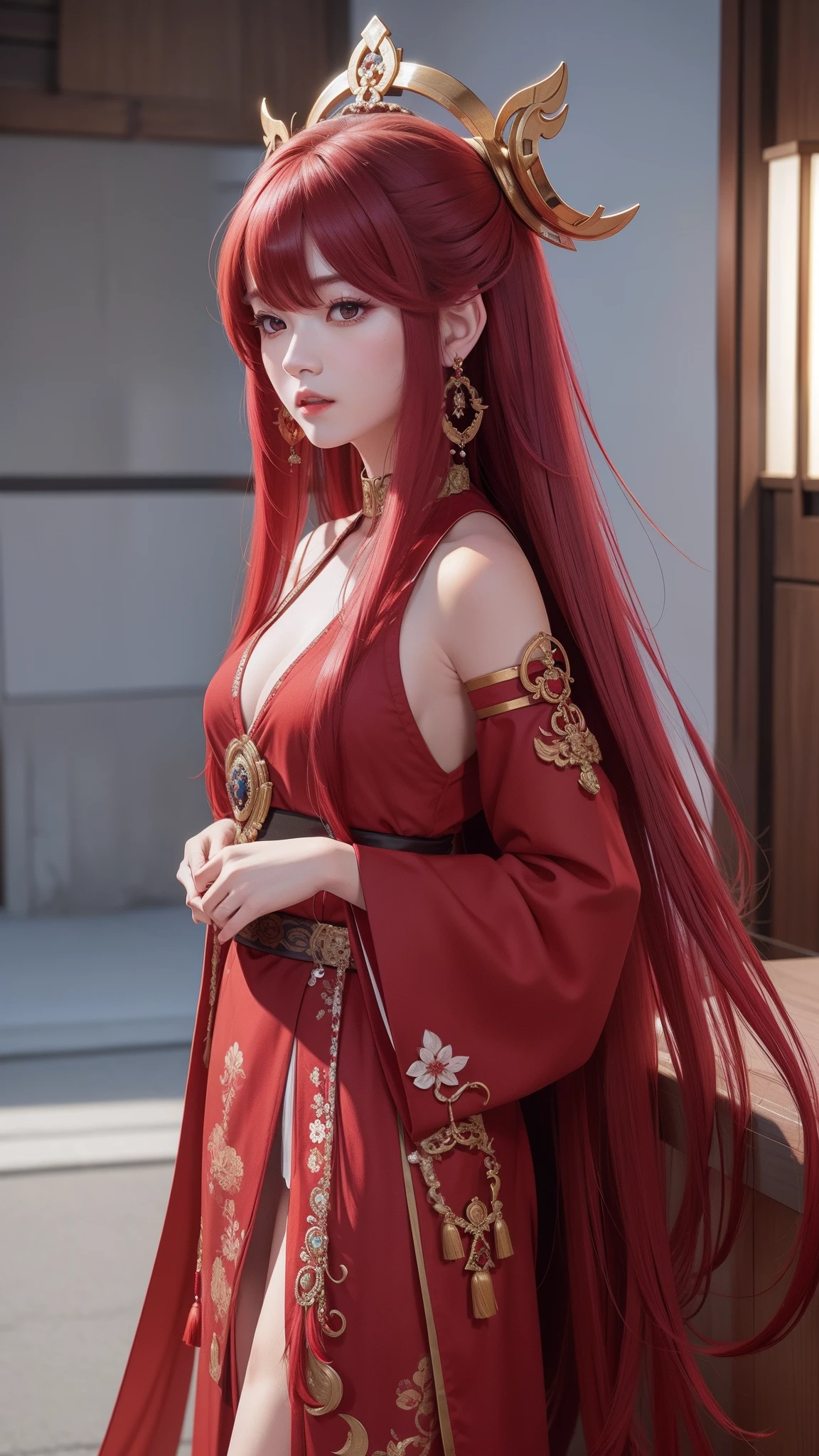 the original god,Yae Miko,18K quality,Full of details,ultra - detailed,Red long-haired,The expression is contemptuous
,