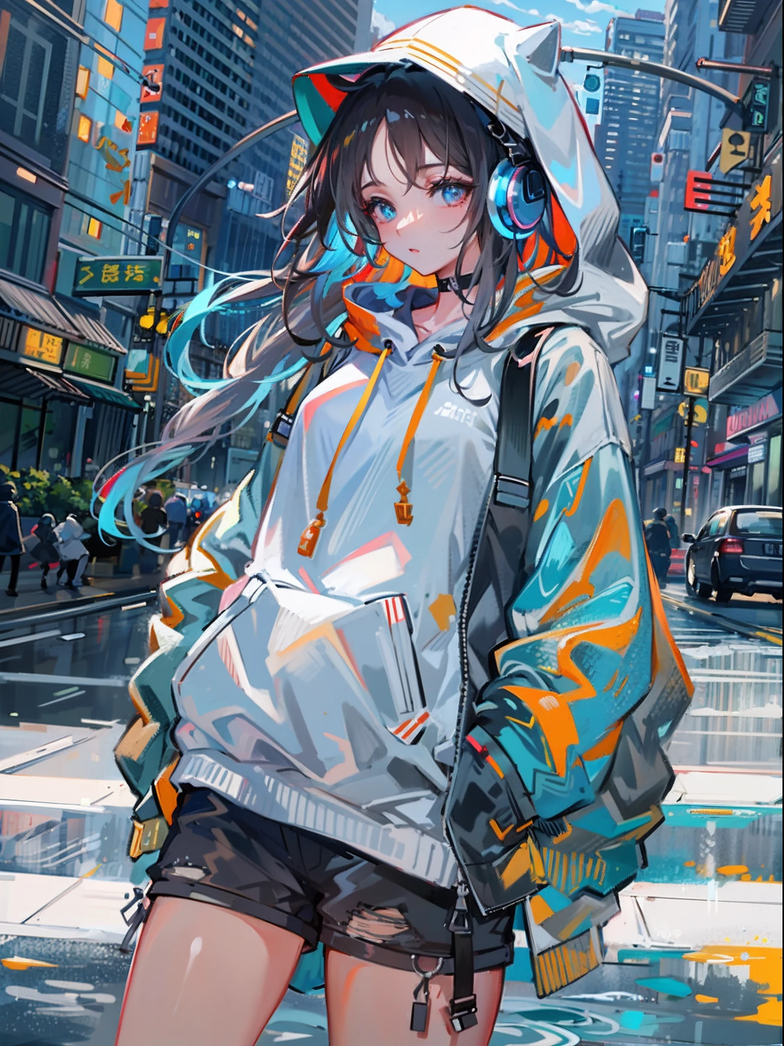 8K分辨率、((top-quality))、((masterwork))、((ultra-detailliert))、1 woman、独奏、incredibly absurdness、Oversized Hoodies、headphones、street、plein air、Sateen、neons、Shortcut Hair、Brightly colored eyes、Hands in pockets、shortpants、water dripping