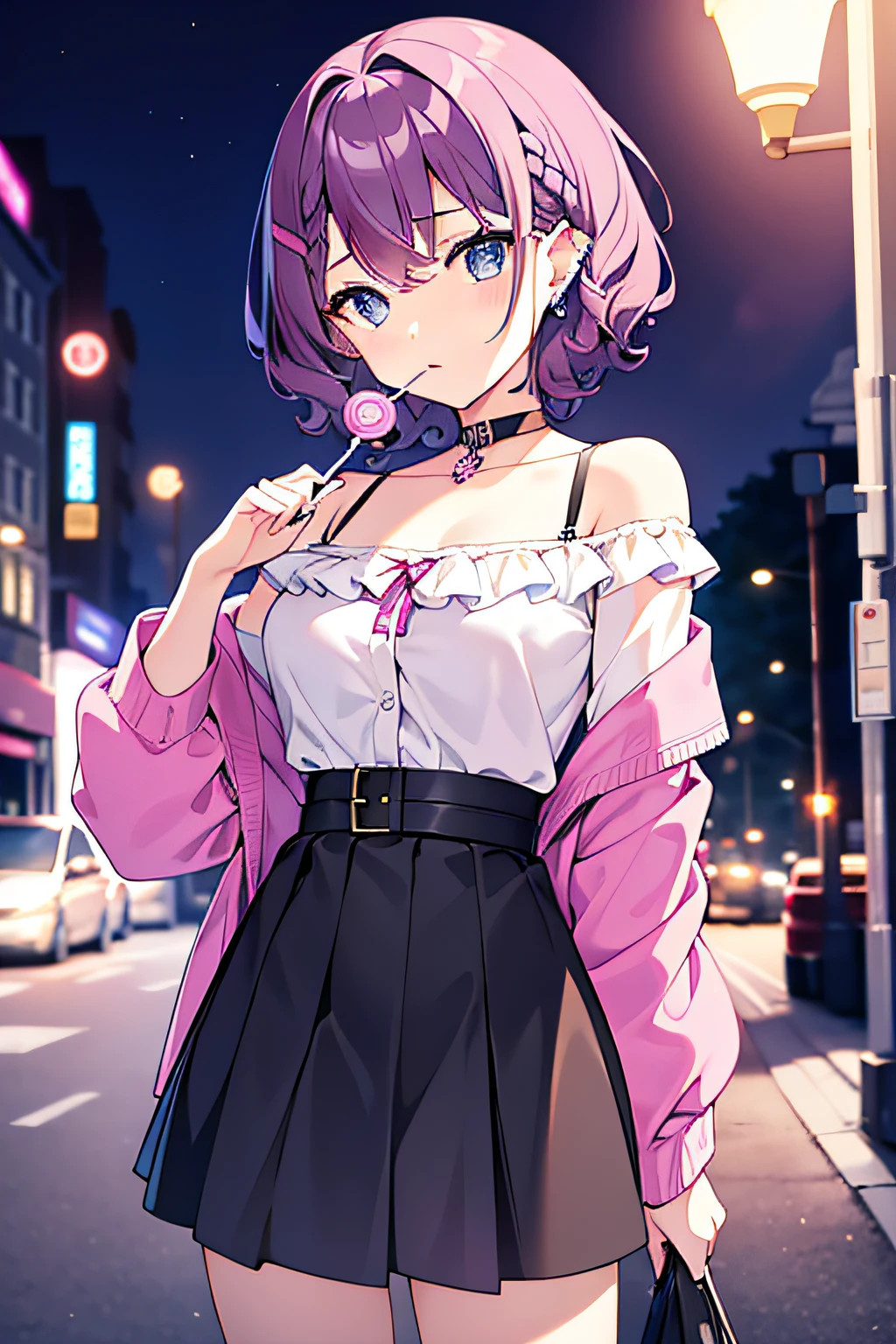 masterpiece, best quality, 1girl, short hair, shoulder-length hair, purple hair, curly hair, side braid, blue eyes, sharp eyes, expressionless, pink off shoulder blouse, black skirt, piercings, in the street, dark street, in the night, holding a lollipop