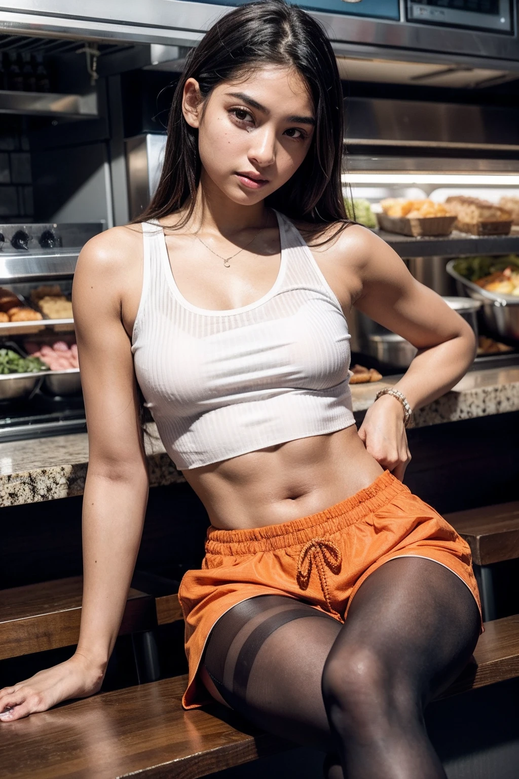 show entire body, feet in view, realistic, beautiful 16y.o. Latina female, white tank top, orange short shorts, brown pantyhose, no shoes, crowded restaurant, serving customers