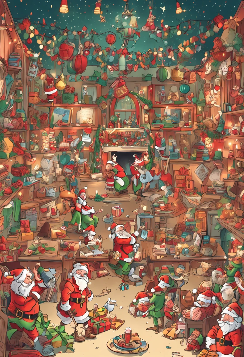Mainly Christmas theme，Rich and super interesting content，（Santa Claus，Reindeer，Christmas Elves，Naughty Children，Nice Children）Painting way display，Super HD，超詳細，rendering，  high details  high quality --aspect 16:9