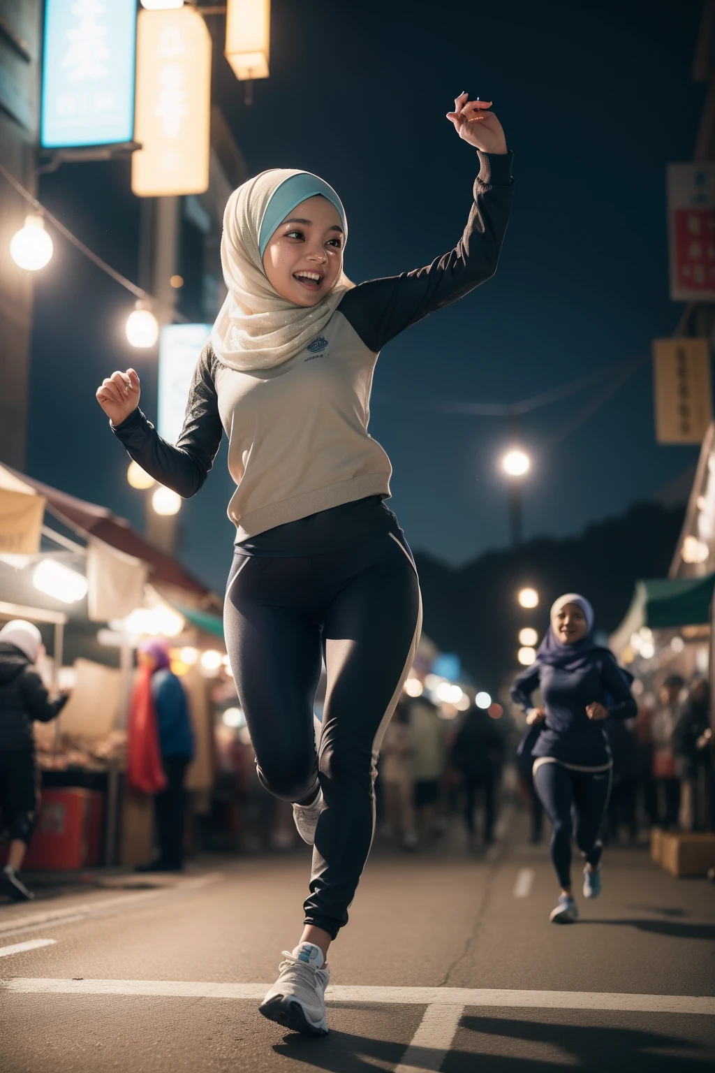 Portrait photo of a young malay girl, (laughing:0.7), (mira filzah face), malaysian, posing, look at a camera, full body, blue hijab, blue sport sweater, long track pants, night market background, backlit, (cinematic:1.5), epic realistic, hyperdetailed, detailed skin texture, mole below eye, insane details, intricate details, accent lighting, soft volumetric light, bokeh, (dramatic light:1.2), (neutral colors:1.3), cross process, night market busy background, portraying the motion and grace of running, showing the wind blowing her hijab, fluid movement, capturing the essence of her athleticism and energy, running